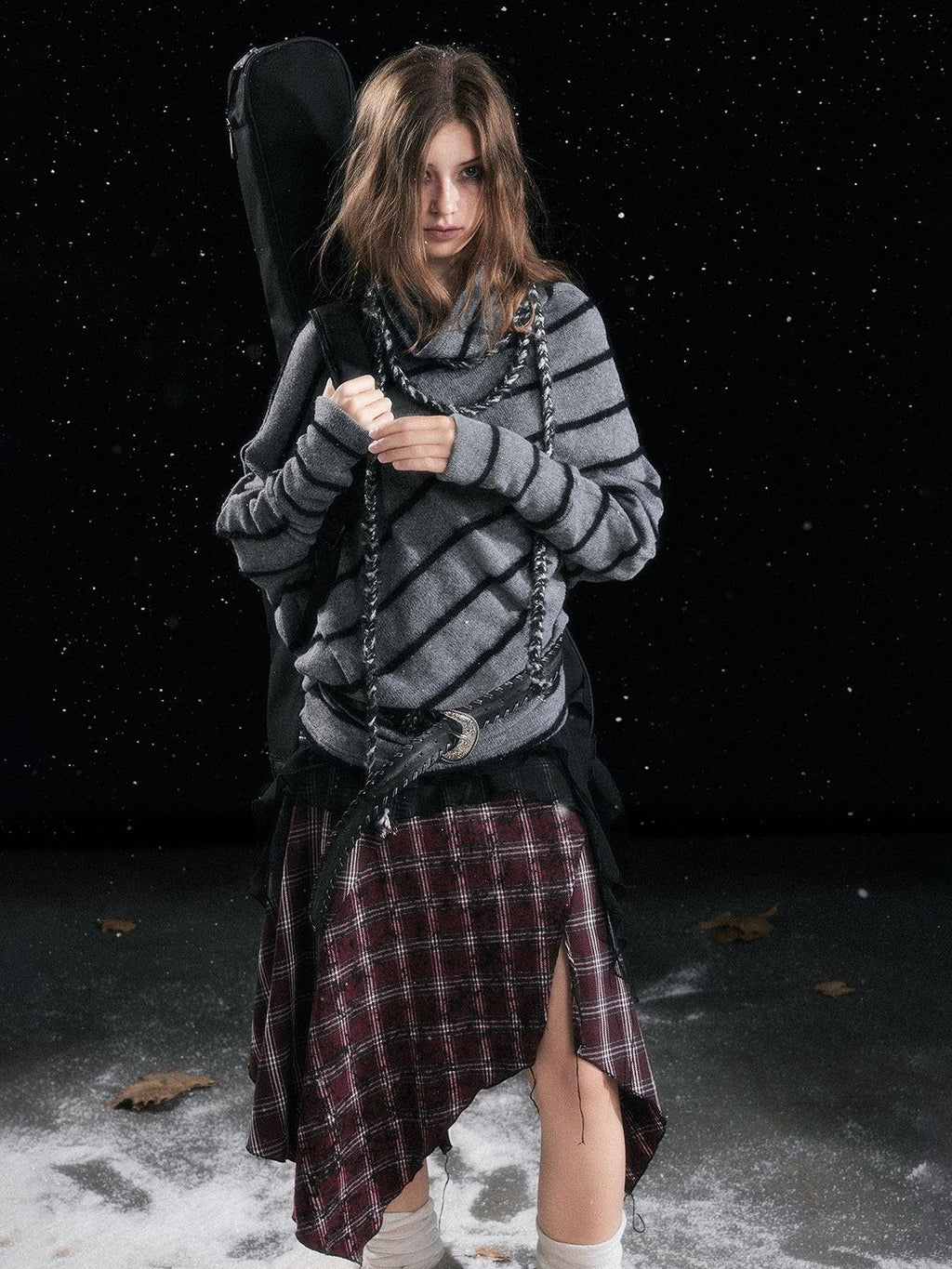 Cest Nous Cozy Thick Street Oversized Batwing Turtleneck Tie Front Women Striped Sweaters
