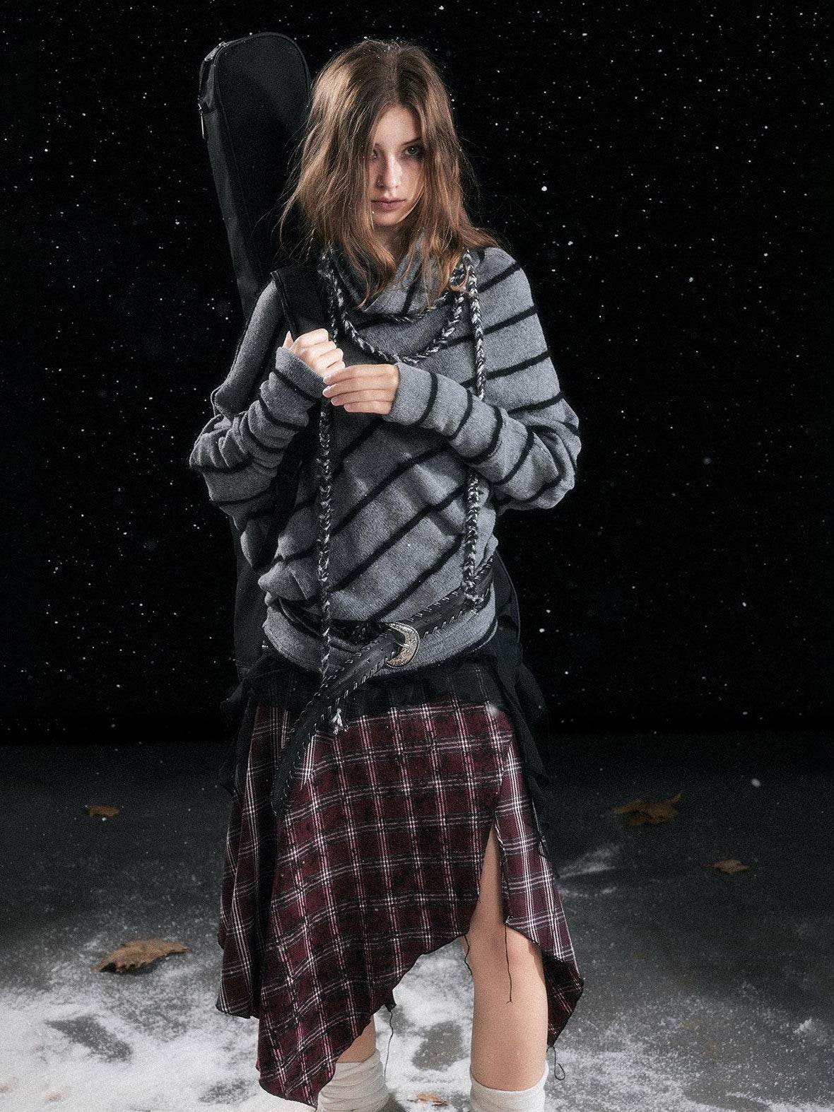 Cest Nous Cozy Thick Street Oversized Batwing Turtleneck Tie Front Women Striped Sweaters
