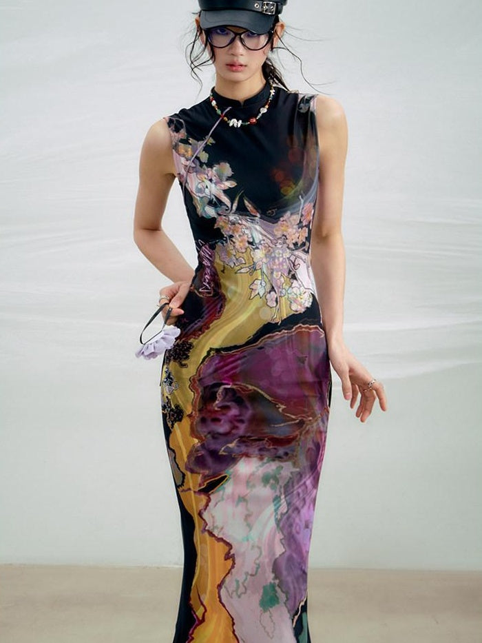 OfAkiva High Waist Floral New Chinese Style A Line Qipao Womens Tricolor Maxi Dresses