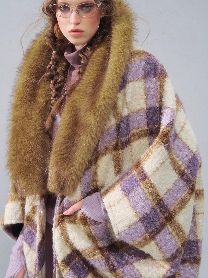 OfAkiva Cozy Thick Vintage Cape Silhouette V-neck Mid Length Plaid Women Jackets