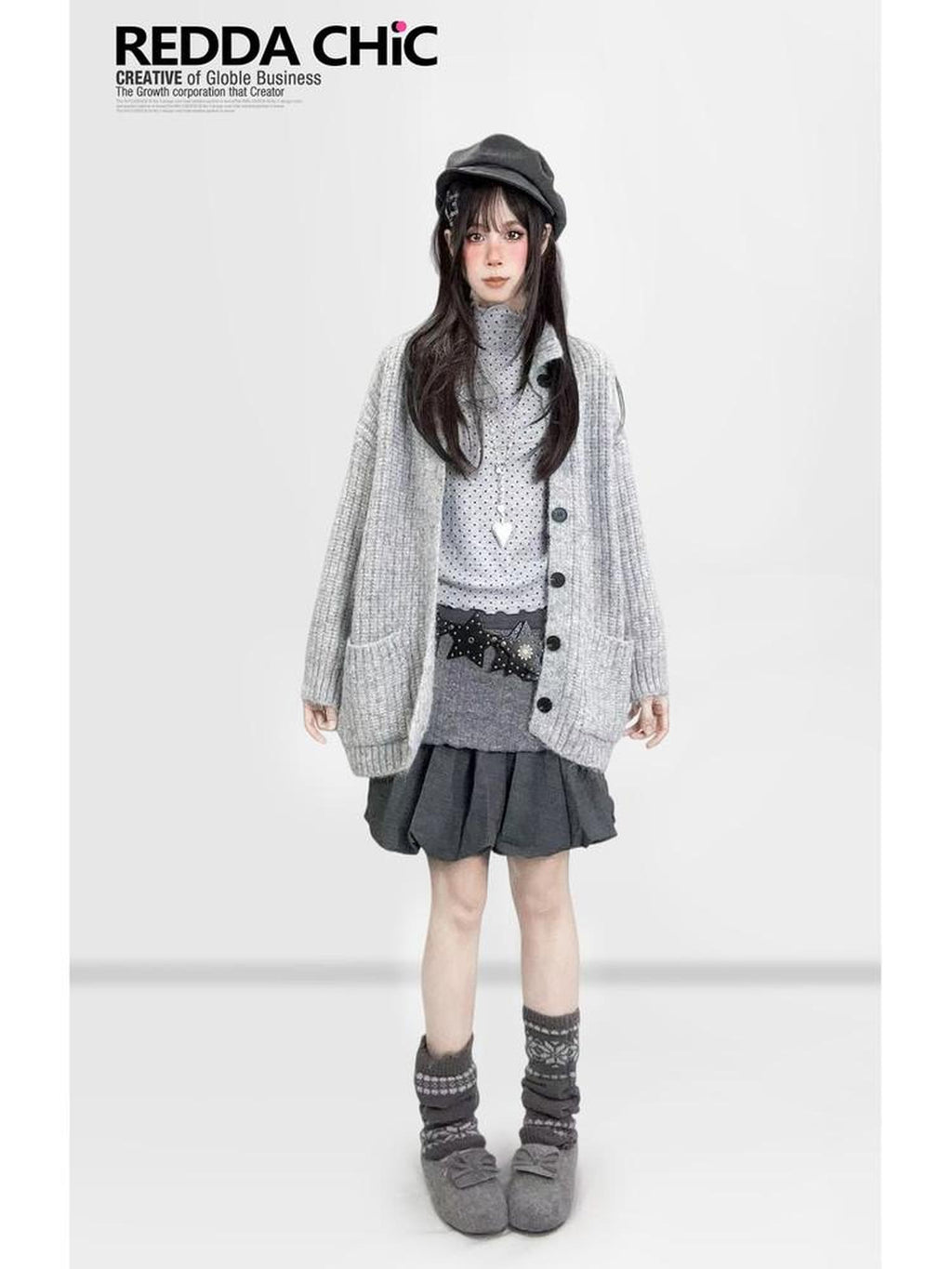 REDDACHIC Gray Polka Dot Knit Half Turtleneck Slim Women'S Long Sleeve T-Shirts