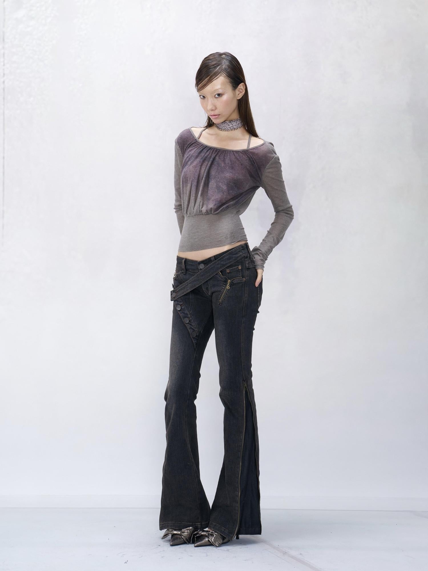 Flowers birds Market 100% Cotton Slim Cropped Striped Crew Neck Gray Printed Long Sleeve T-Shirts
