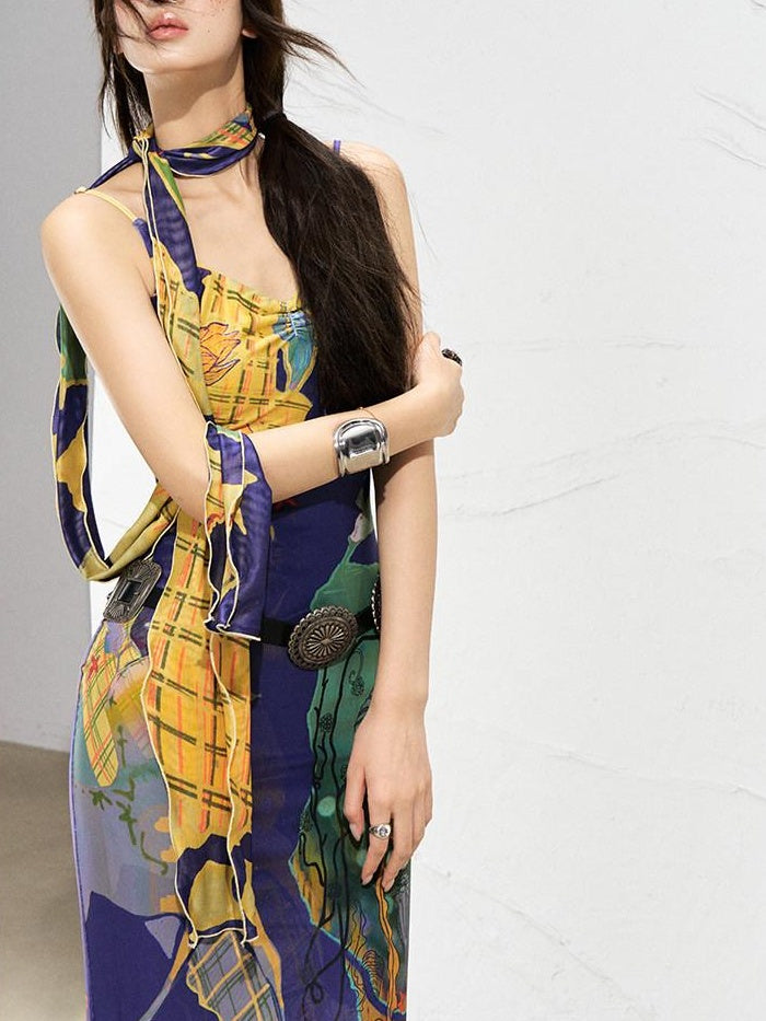 OfAkiva Sexy High Waist Square Neck Strappy Printed Stretch Polyester Maxi Dresses