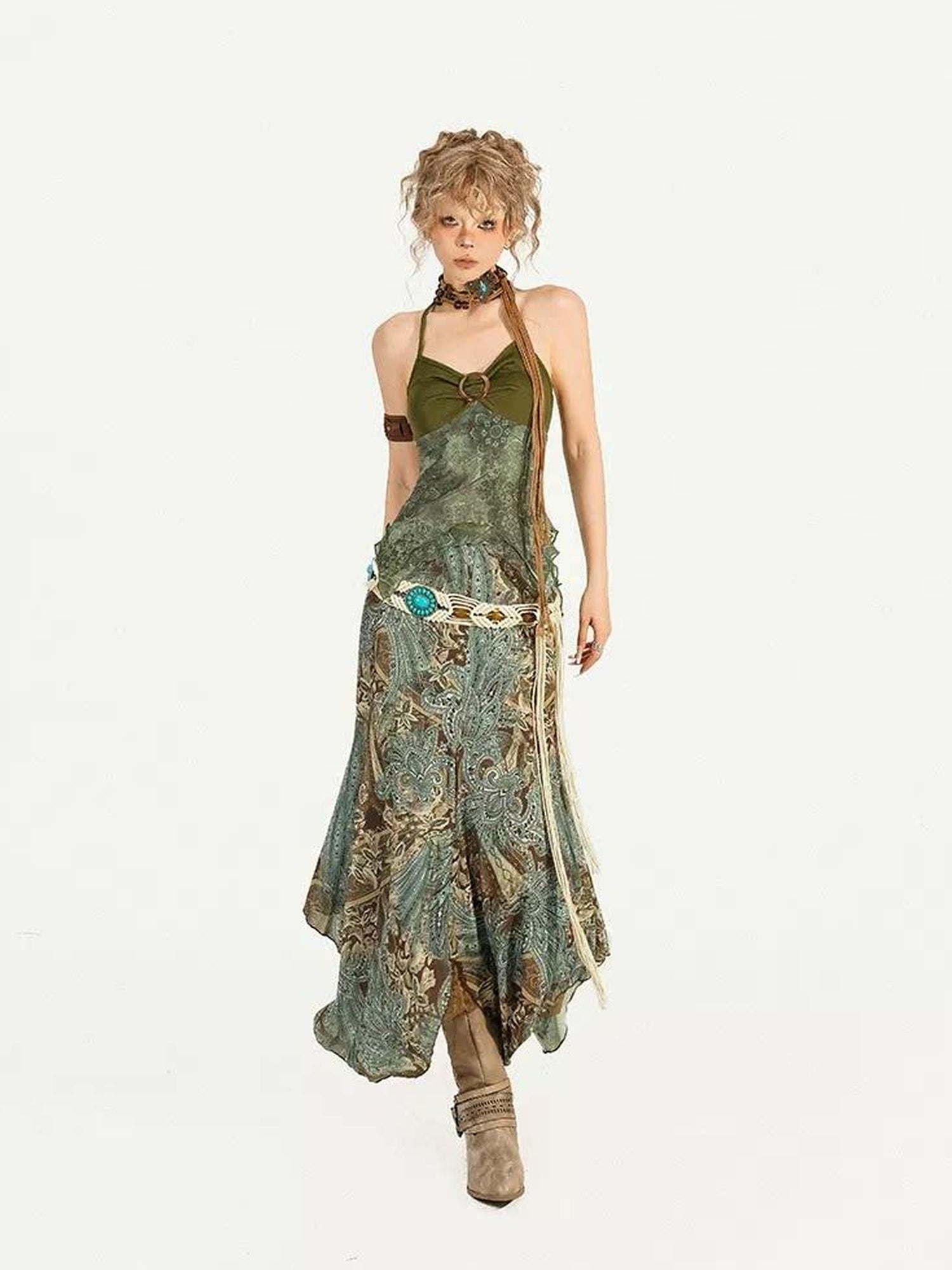 Nico Molly Floral Patchwork V-neck Slim Fit Sleeveless Women Printed Green Top & Skirt Sets