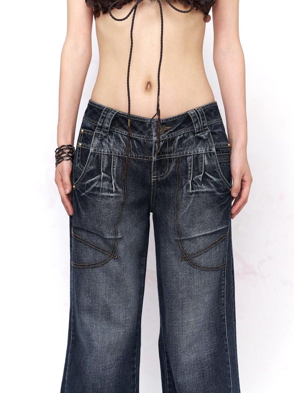 Flowers birds Market Washed Blue Distressed Natural Waist Pockets Button Fly Women Wide-Leg Jeans