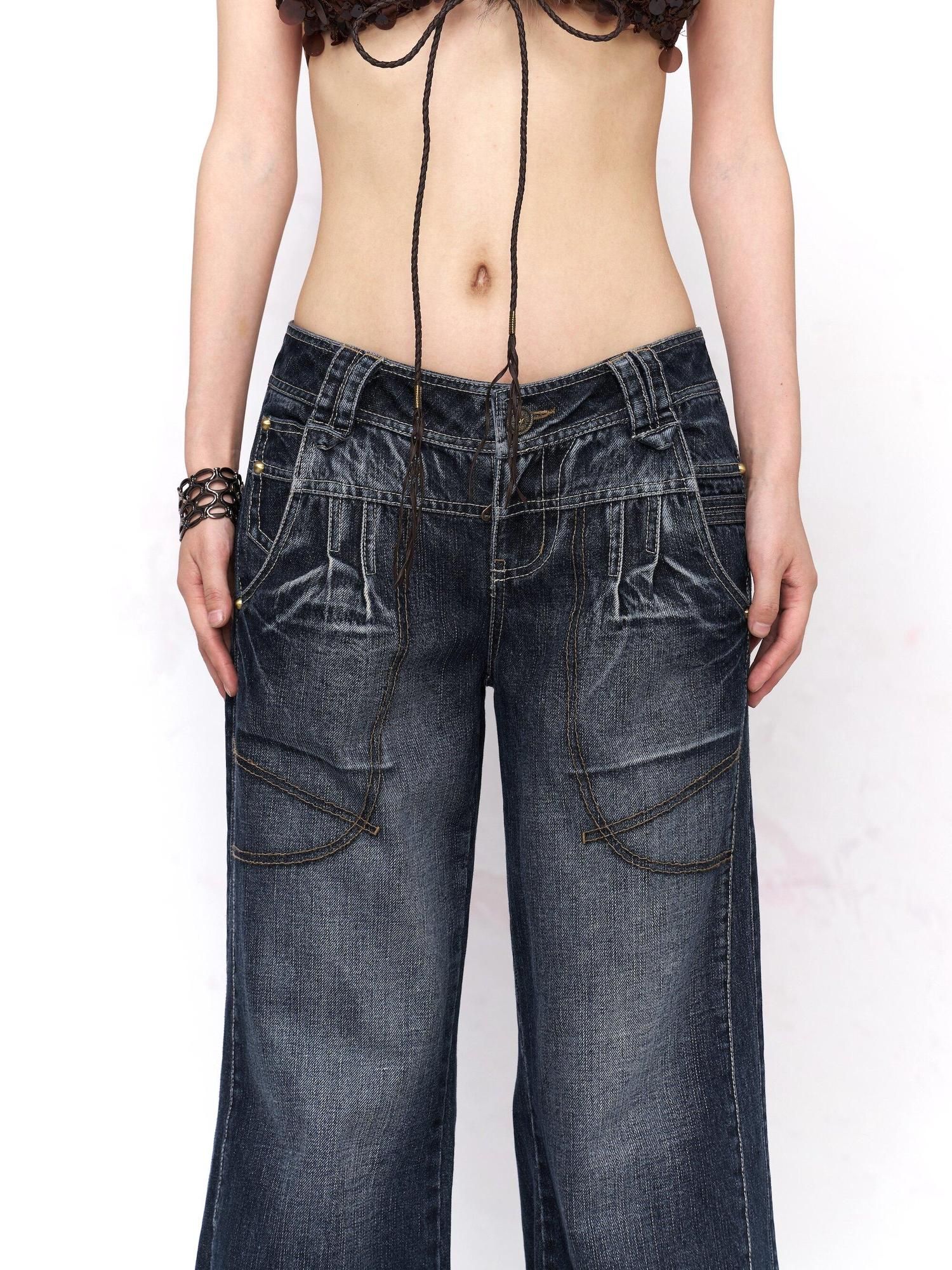 Flowers birds Market Washed Blue Distressed Natural Waist Pockets Button Fly Women Wide-Leg Jeans