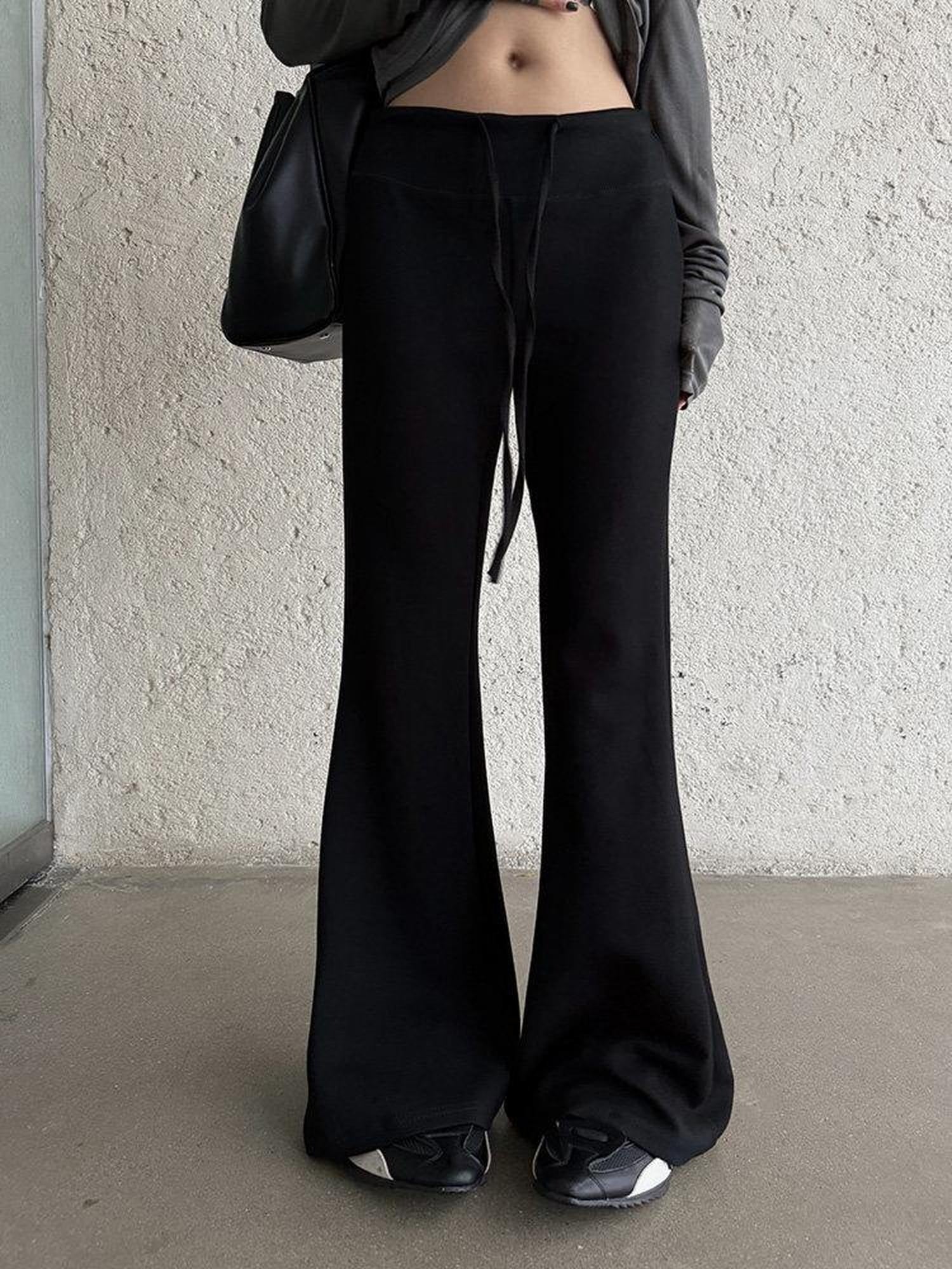 ZERO Casual Knit Drawstring Mid Rise Micro Flare Wide Leg Women Solid Flared Pants