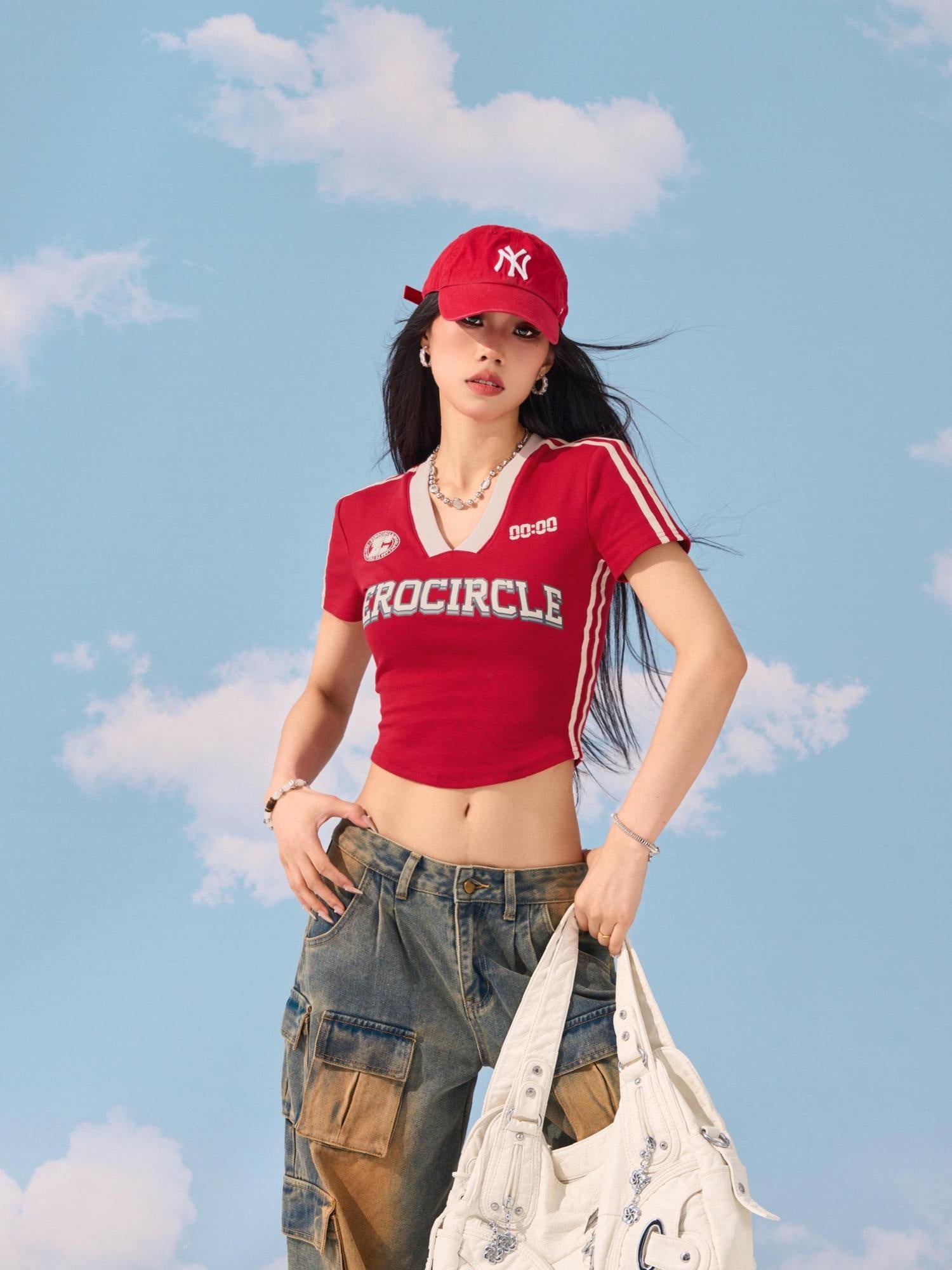ZERO Wrinkle Free Cotton V-neck Slim Fit Letter Print Short Sleeve Basic Crop Tops