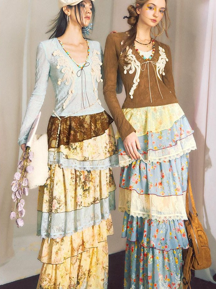 OfAkiva Contrast Color High Stretch Long Sleeve High Waist Two Piece Top & Skirt Sets