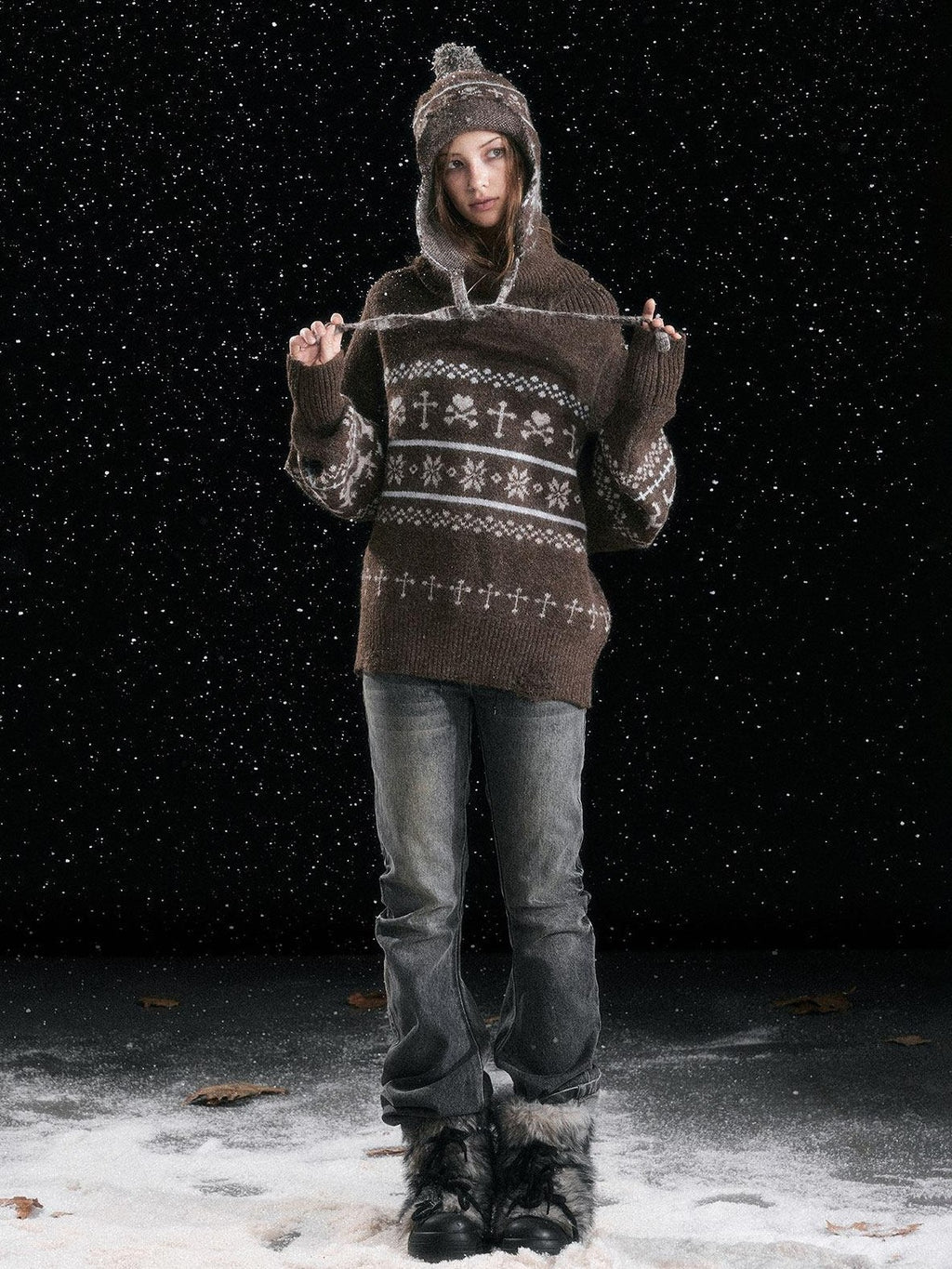 Cest Nous Cozy Thermal Commuter Loose Hooded Women Wool Blend Sweaters