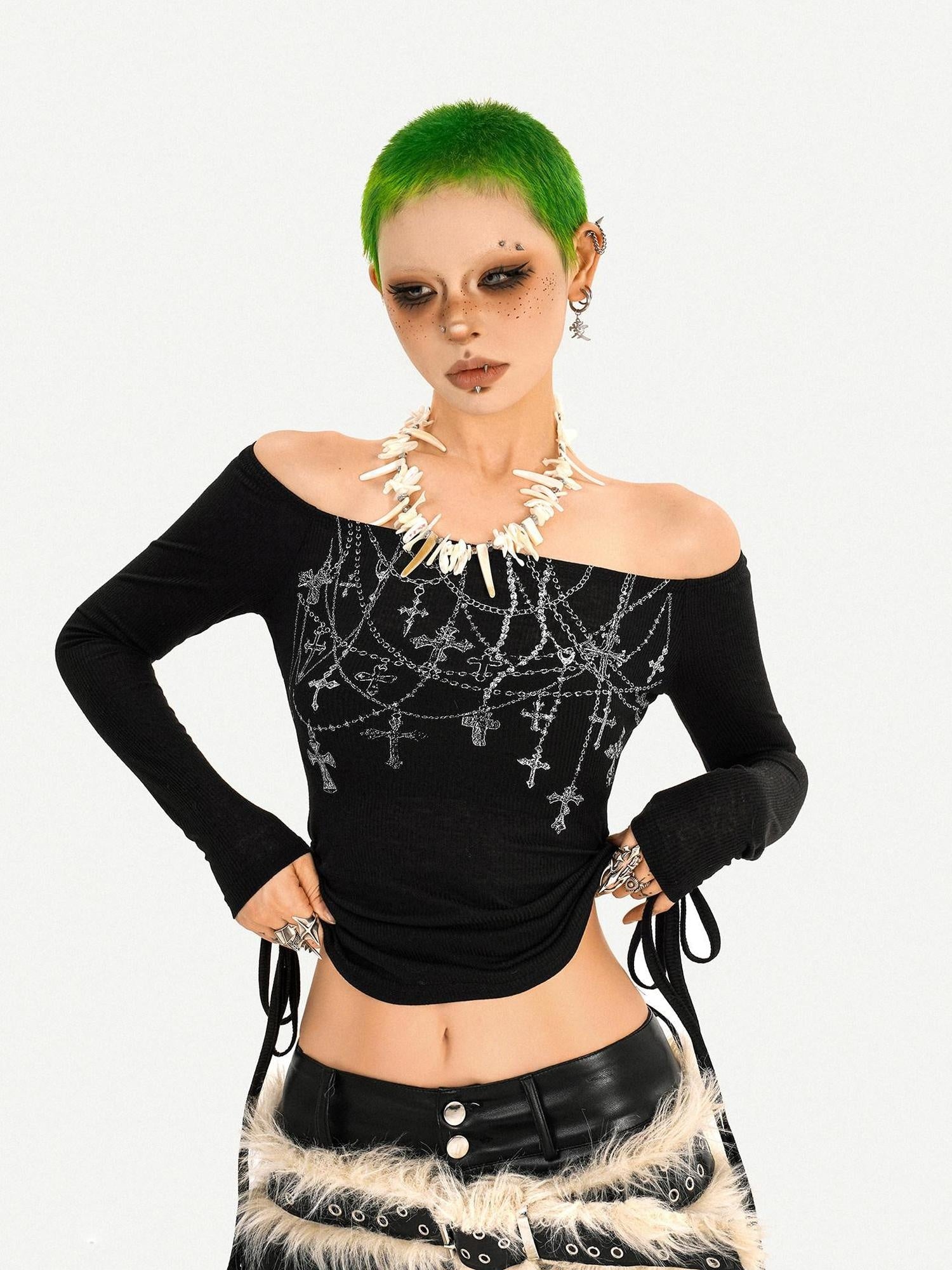 Nico Molly Black Vintage Print Boat Neck Slim Fit Casual Women Daily Long Sleeve T-Shirts