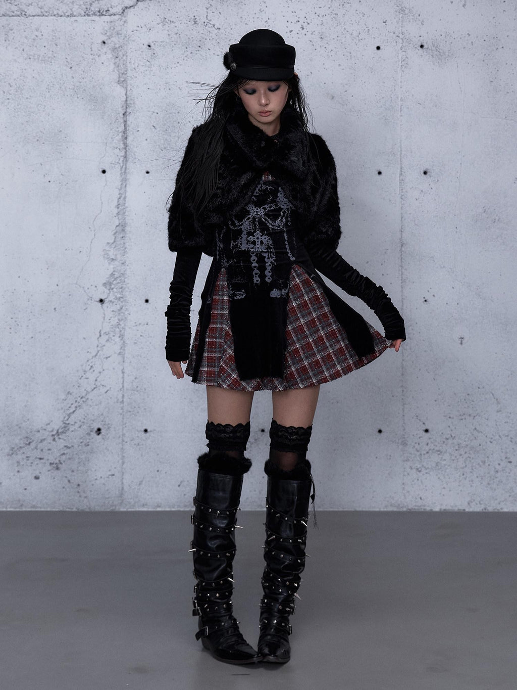 NO ROMANCE Baroque Plaid Polka Dot Square Neck Puff Sleeve Women'S Velvet Mini Dresses