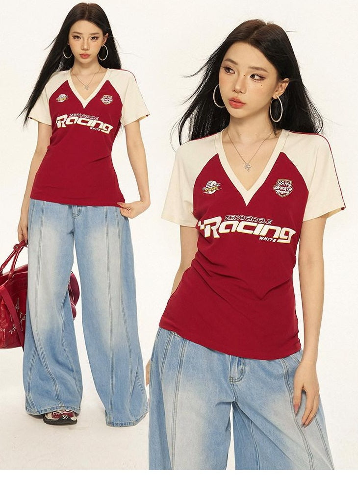 ZERO Viscose Cotton Slim Fit Vintage Print V-neck Raglan Red Short Sleeve T-Shirts