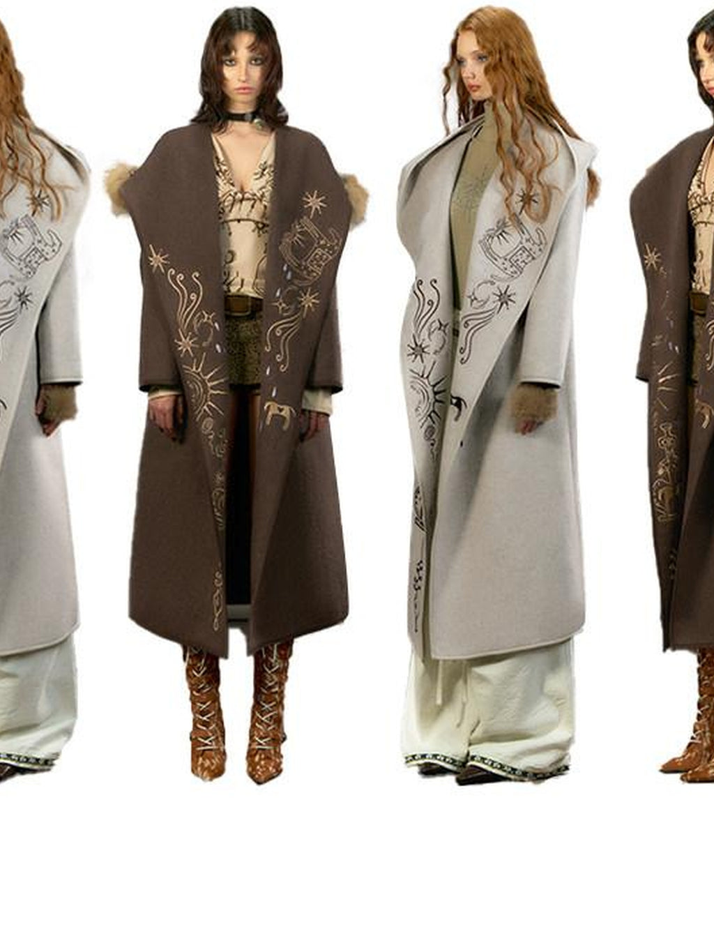 OfAkiva Thick Embroidered Hooded Relaxed Mystic Wool Midlength Brown Long Coats
