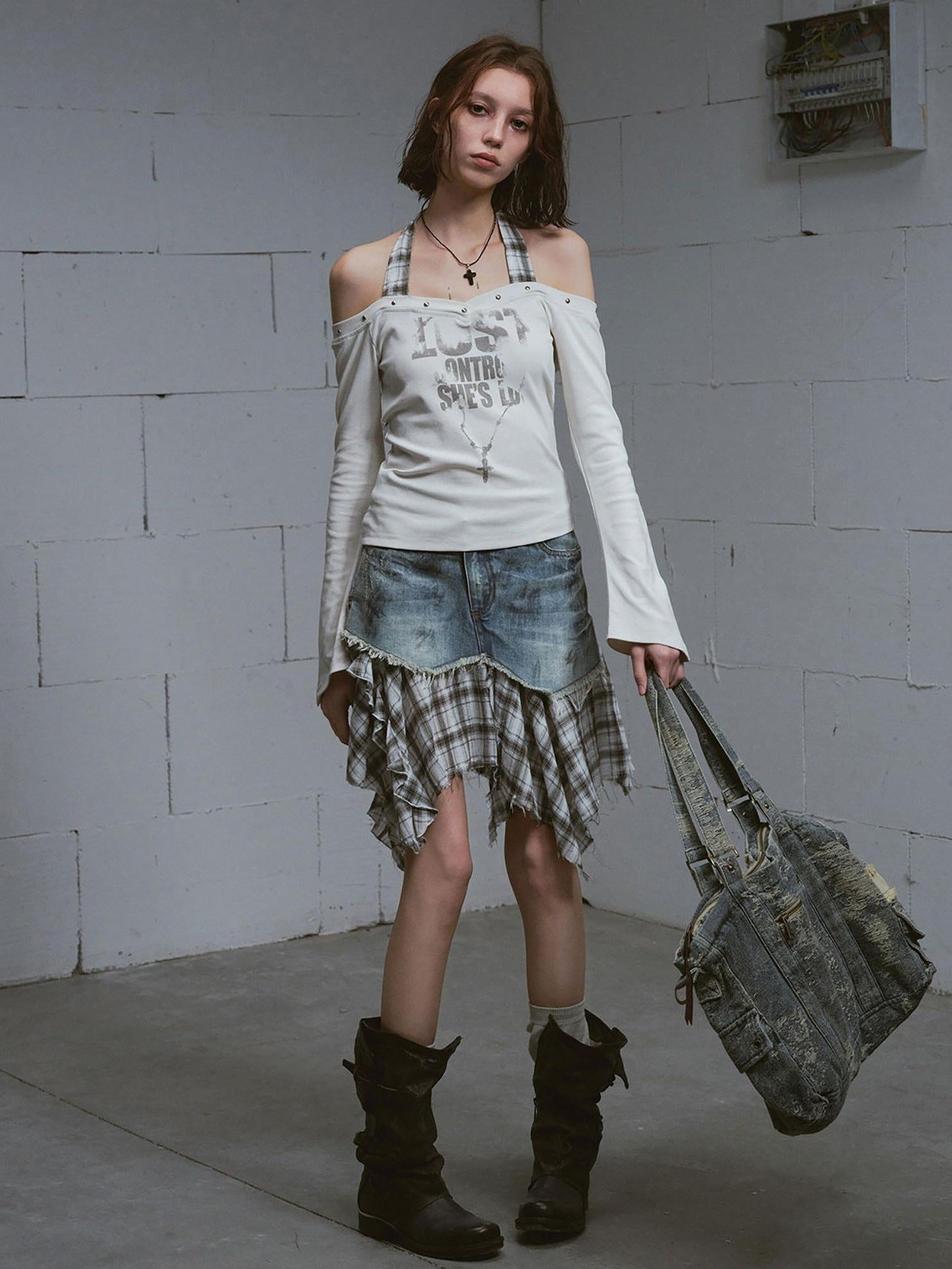 Cest Nous Distressed Patchwork Asymmetrical Aline Loose Mid Waist Women Midiskirts