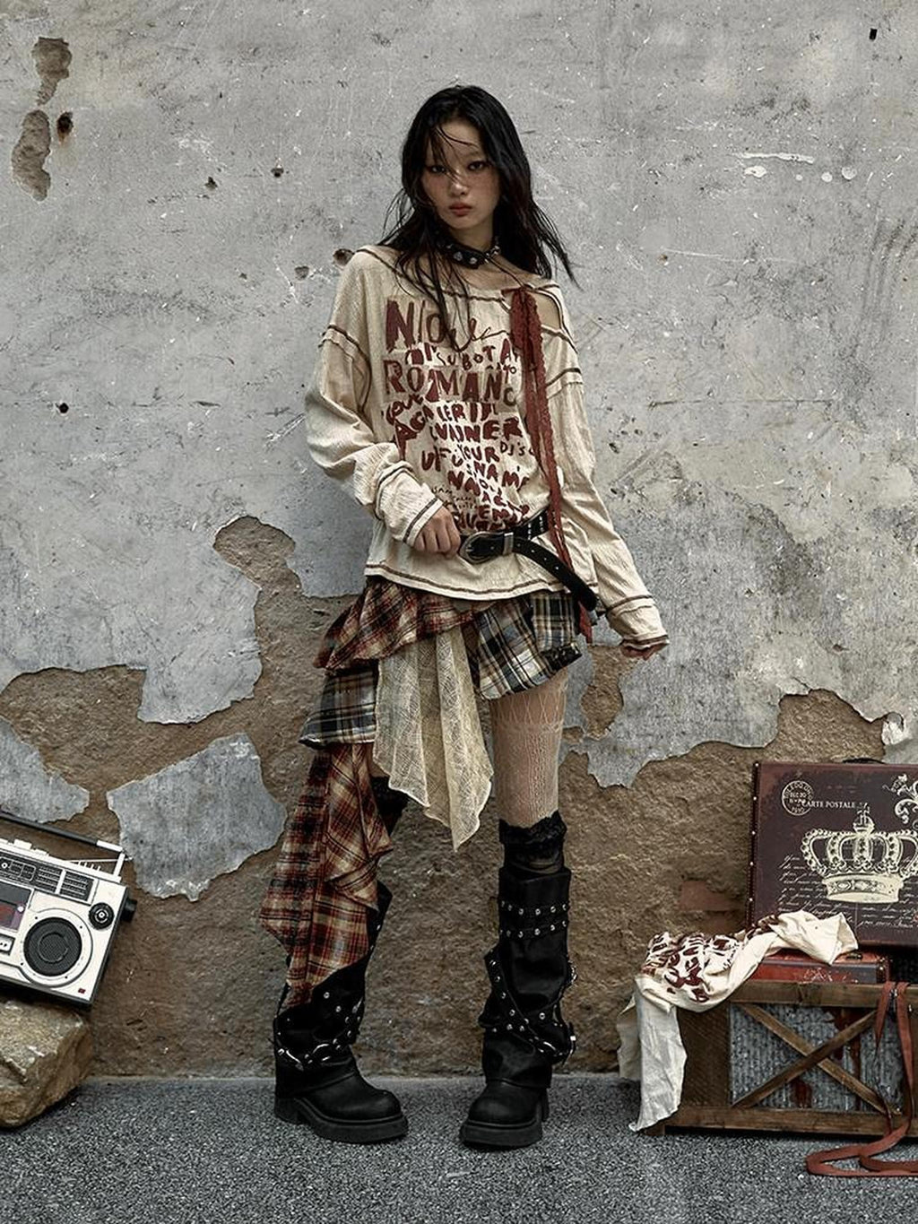 NO ROMANCE Punk Asymmetric Plaid Patchwork Rivet Women'S Cotton Midi Skirts