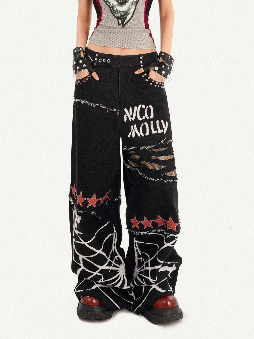 Nico Molly Ripped Natural Waist Relaxed Button Fly Letter Black Women Wide Leg Jeans