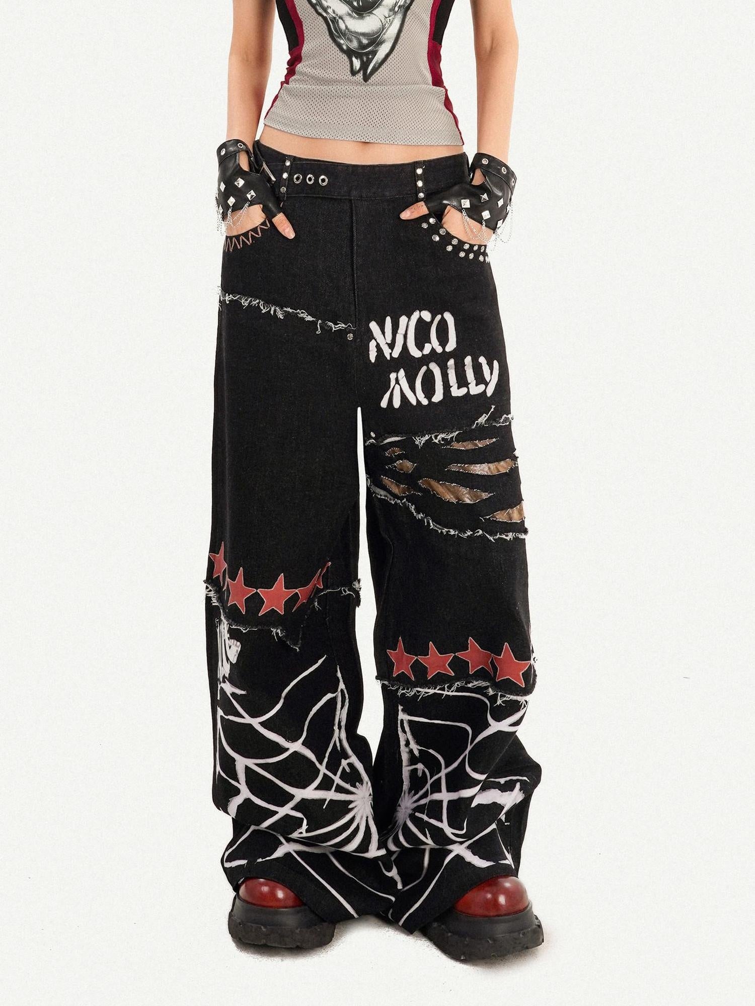 Nico Molly Ripped Natural Waist Relaxed Button Fly Letter Black Women Wide Leg Jeans