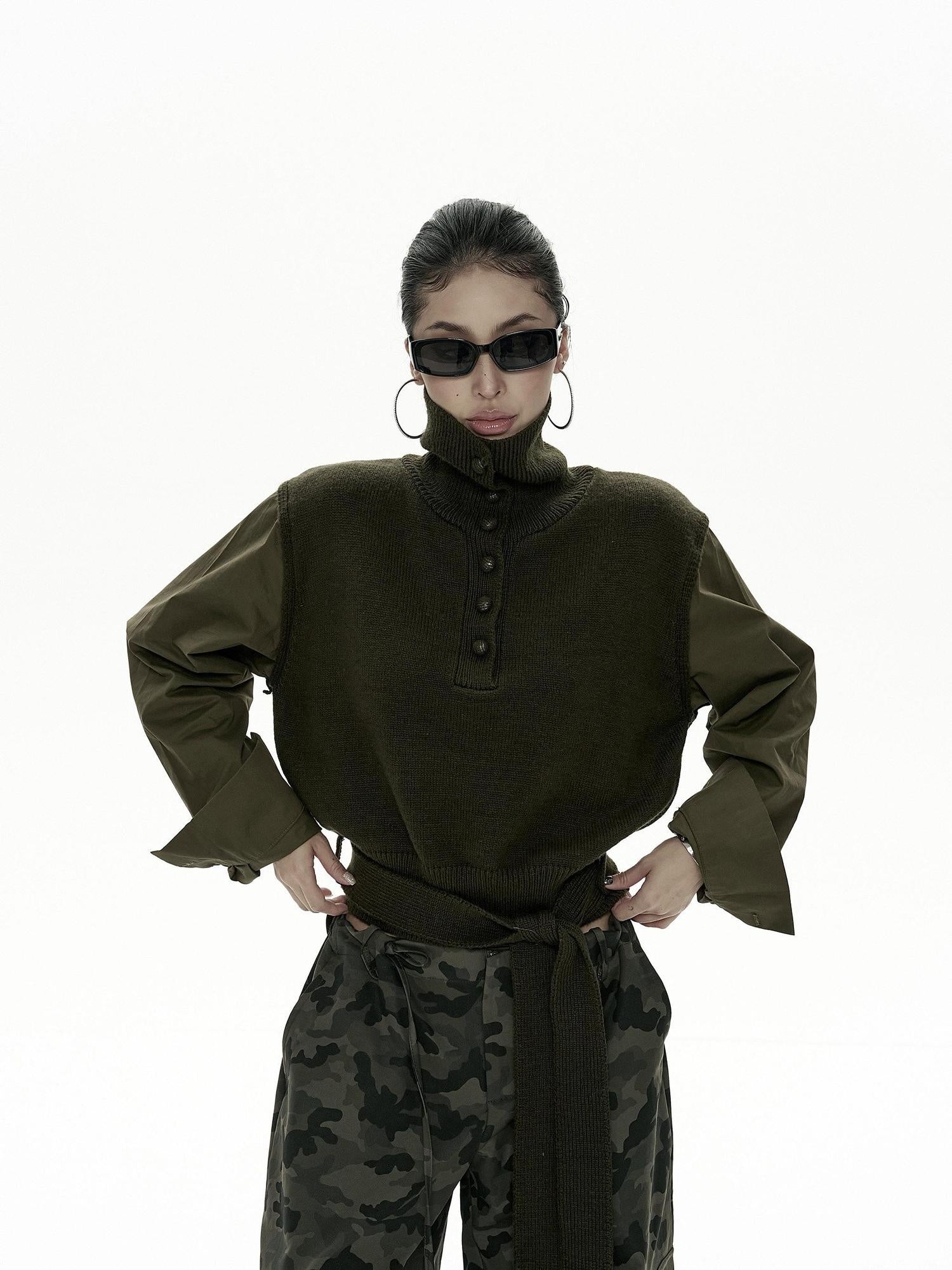 ZERO Soft Nylon Pullover Faux Two Piece Work Long Sleeve Women Knitwear