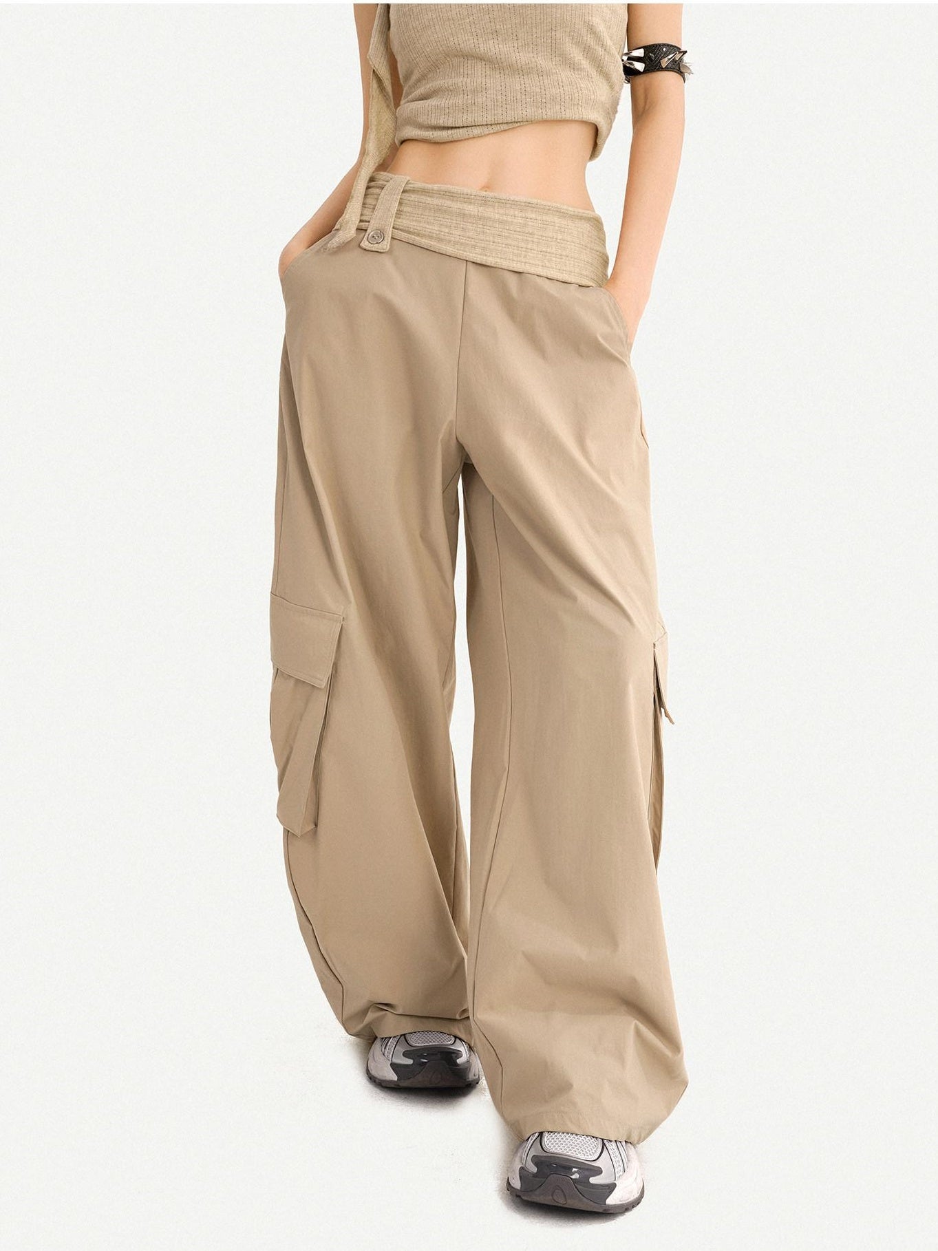 Nico Molly High Waist Khaki Loose Straight Leg Pockets Button Fly Casual Women Cargo Pants