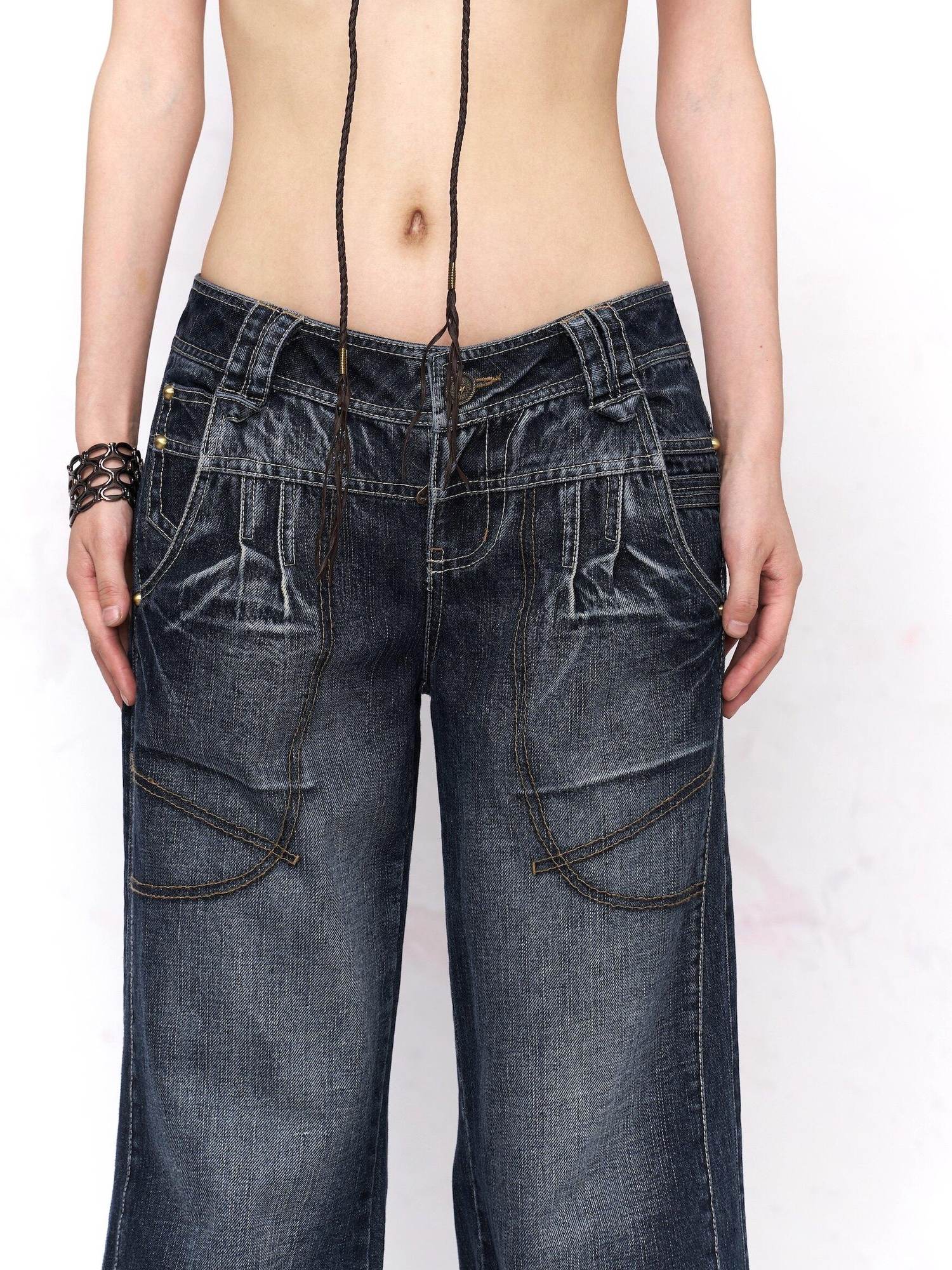 Flowers birds Market Washed Blue Distressed Natural Waist Pockets Button Fly Women Wide-Leg Jeans