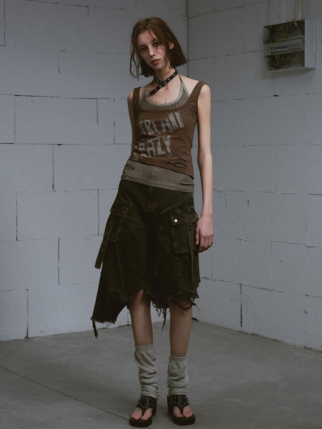 Cest Nous Distressed Print Punk Slim Halter Female Cotton Blend Brown Gray Tanktops