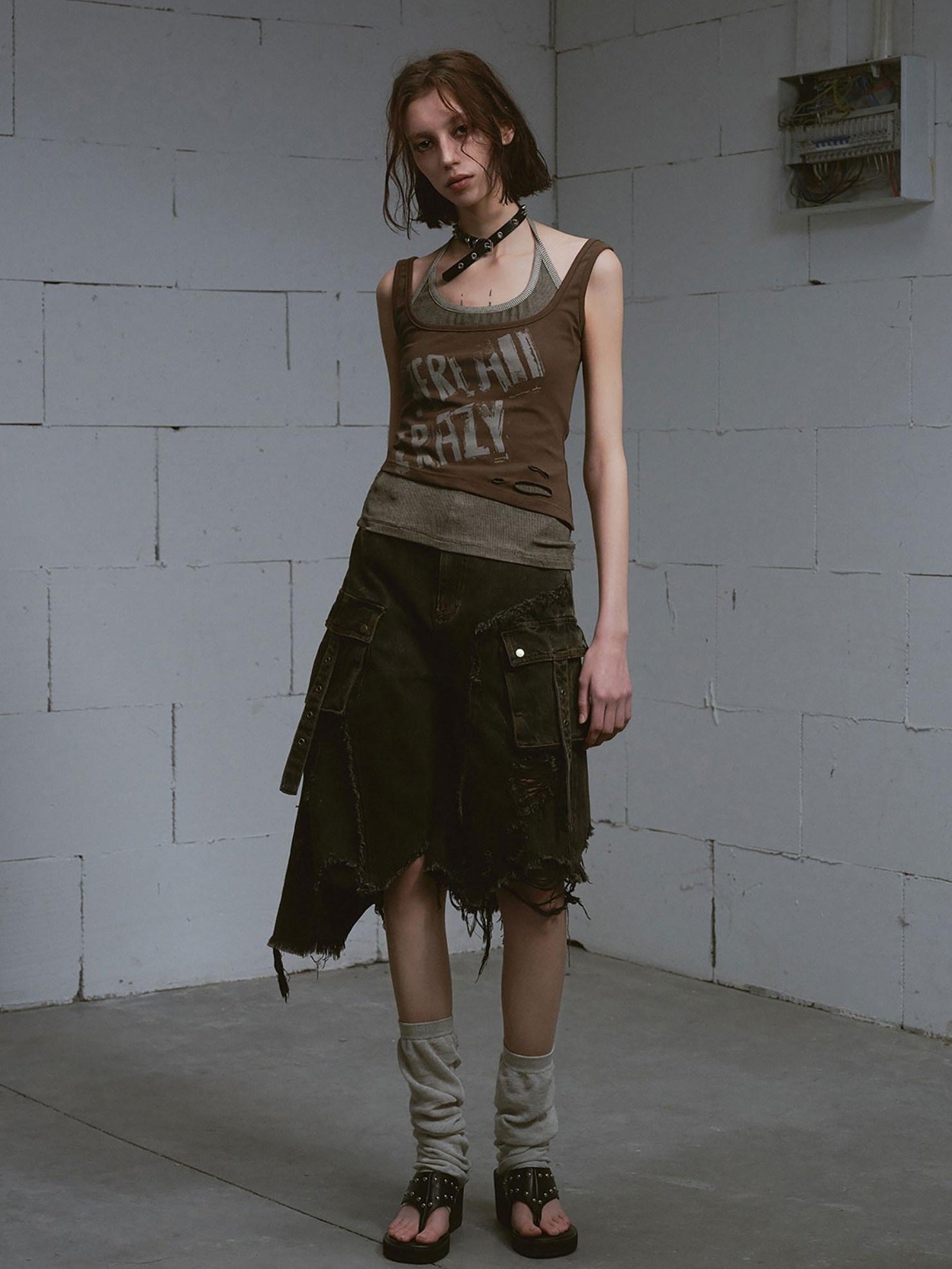 Cest Nous Distressed Print Punk Slim Halter Female Cotton Blend Brown Gray Tanktops