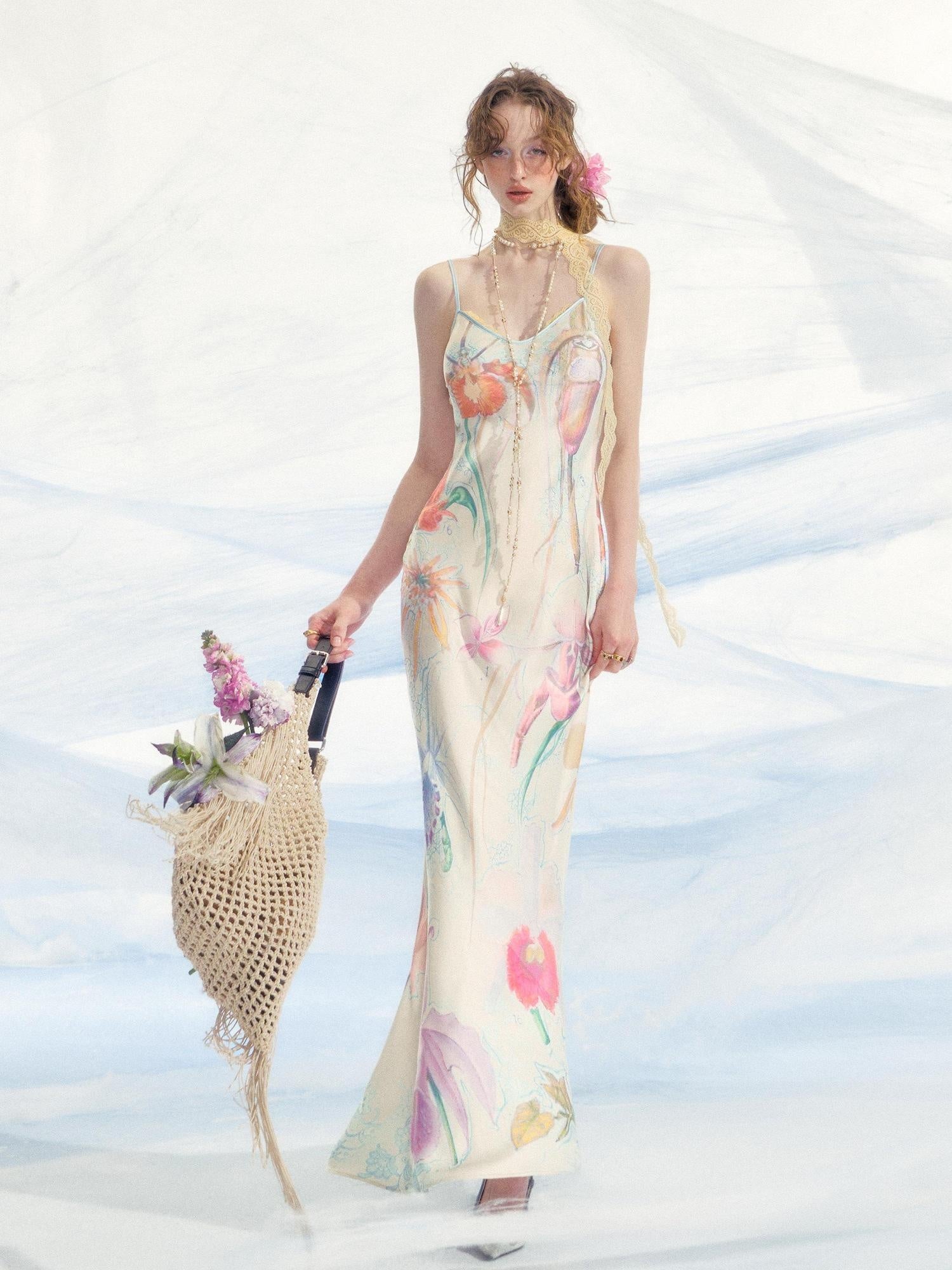 OfAkiva High Waist Southeast Asian Printed Spaghetti Strap A Line Polyester Maxi Dresses