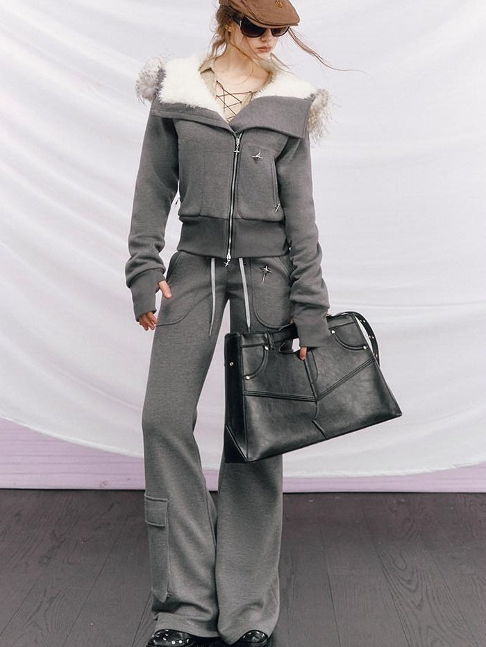 OfAkiva Thick Knit Slim Hooded Zip Jacket Multi Pocket For Women Top & Pants Sets