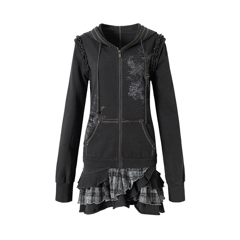 NO_ROMANCE_Deep_Gray_Y2K_Printed_Lace_Detachable_Hood_Sweatshirt_Women'S_Mini_Dresses_MISSTT