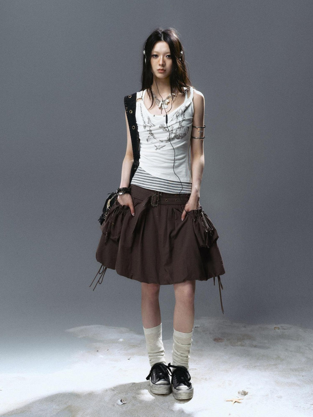 Cest Nous Studded Lace Up Punk Street Loose Fit Mid Waist Bubble Hem Women Gray Midiskirts