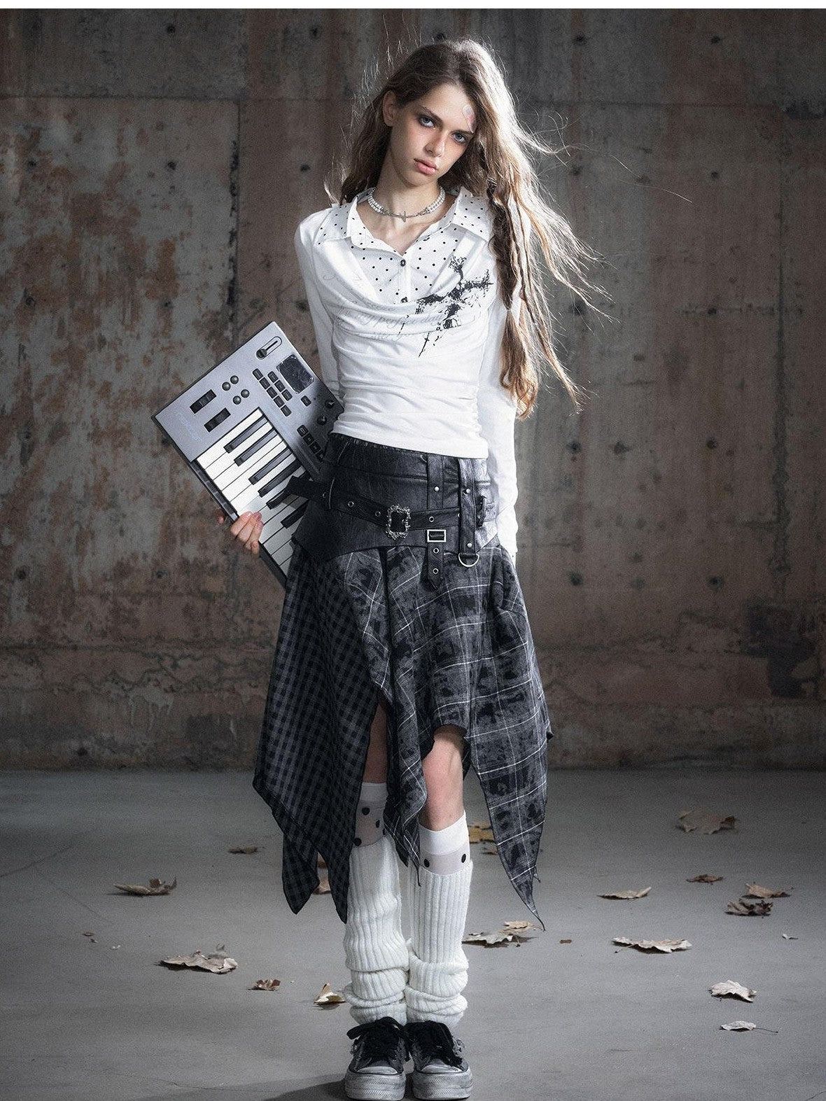 Cest Nous Pu Patchwork Punk Asymmetric Low Waist Youth Daily Wear Cotton Blend Midiskirts