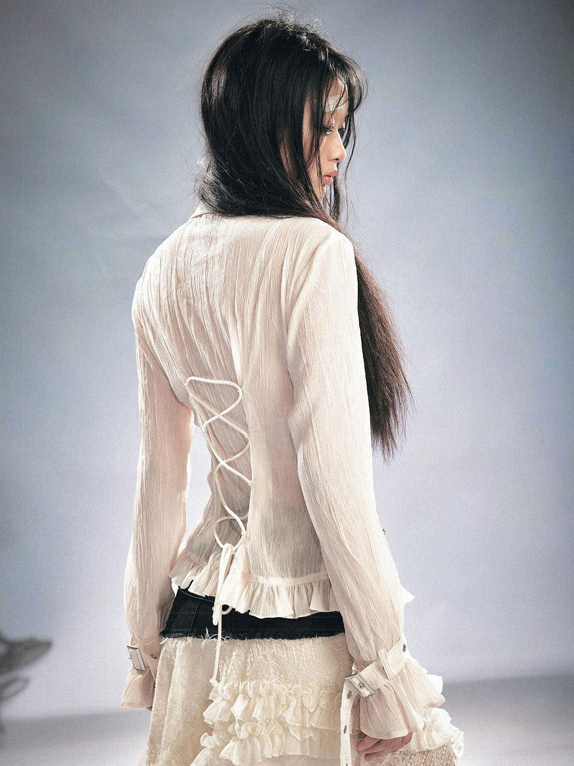Cest Nous Gothic Ruffle Slim Fit Modal Long Sleeve Women Black Beige Blouses