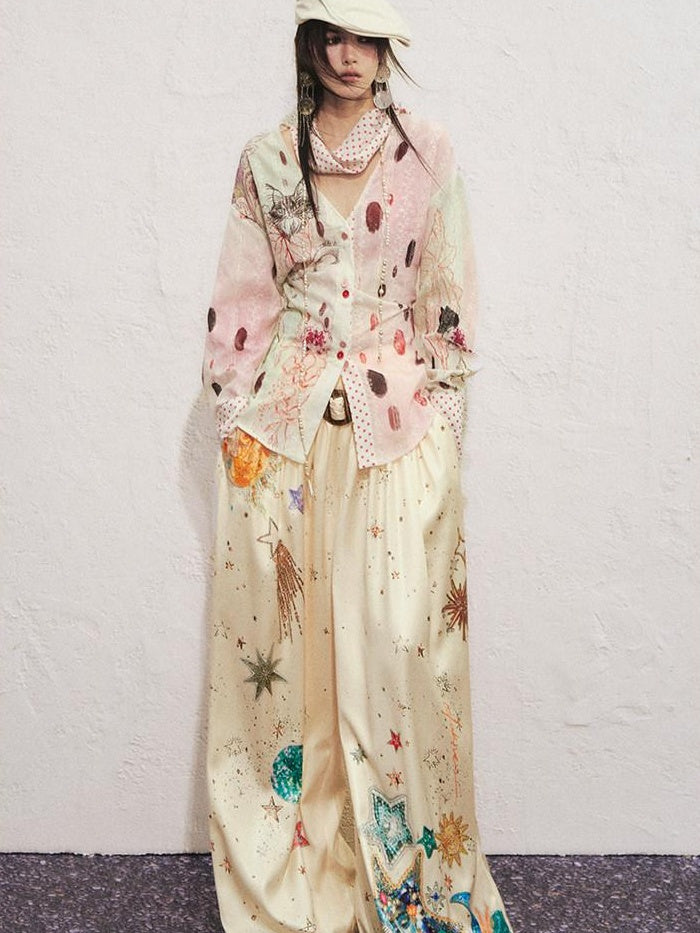 OfAkiva High Waist Starry Galaxy Print Casual Pockets Elastic Waist Women Wide Leg Pants