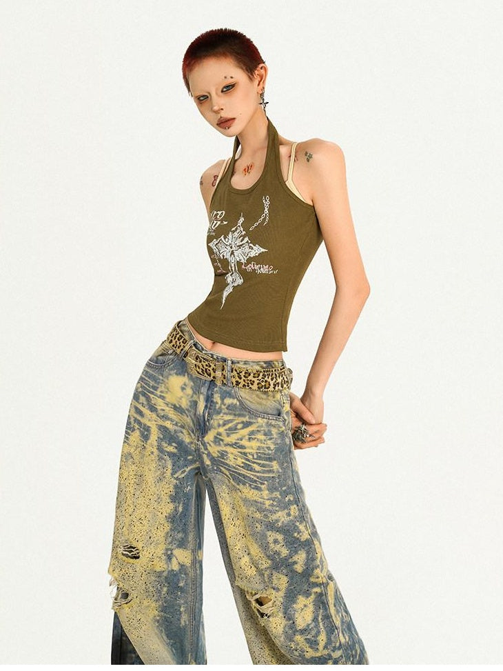 Nico Molly Original Halter Slim Fit Padded Women Y2K Olive Letter Print Camisoles