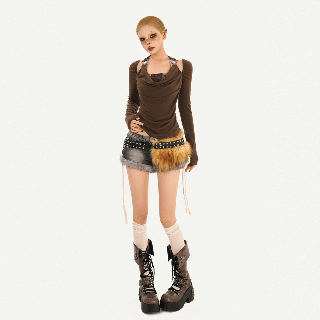 Nico_Molly_Sexy_Backless_Bardot_Flared_Sleeve_Coffee_Brown_Leather_Long_Sleeve_T-Shirts_MISSTT