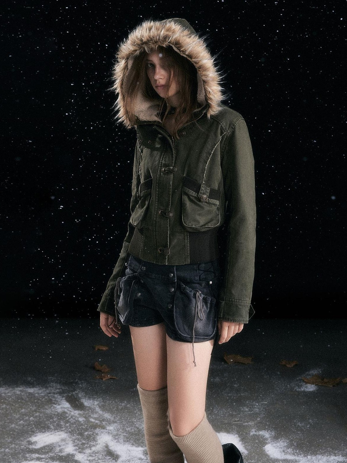 Cest Nous Cotton Padded Hooded Straight Fit Women Workwear Zip Front Olive Croppedjackets