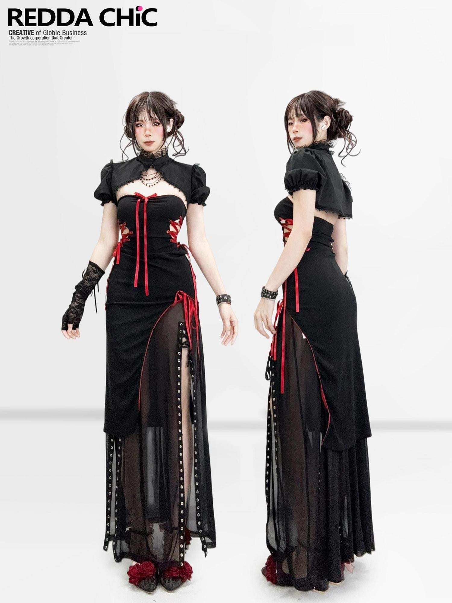 REDDACHIC New Chinese Gothic Colorblock Strapless Bodycon Pencil Women'S Top & Skirt Sets