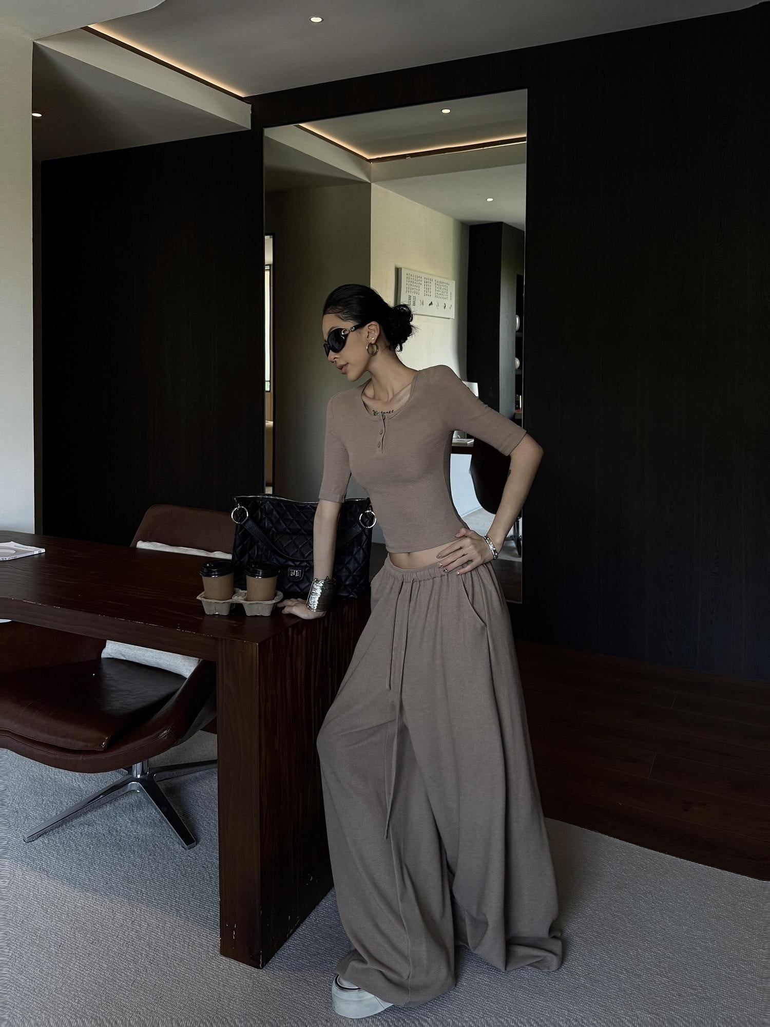 ZERO Soft Viscose Round Neck Long Sleeve Khaki Casual Women Pull On Top & Pants Sets