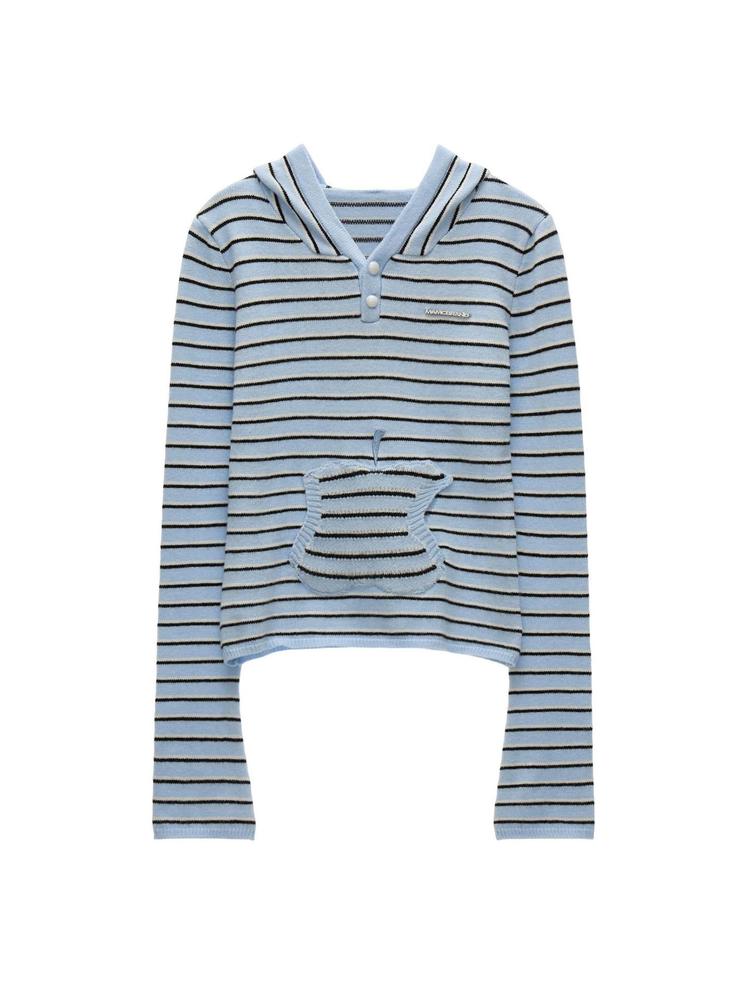 MAMC Sweet Hooded Striped Slim Fit Princess Style Long Sleeve Women Blue Knitwear