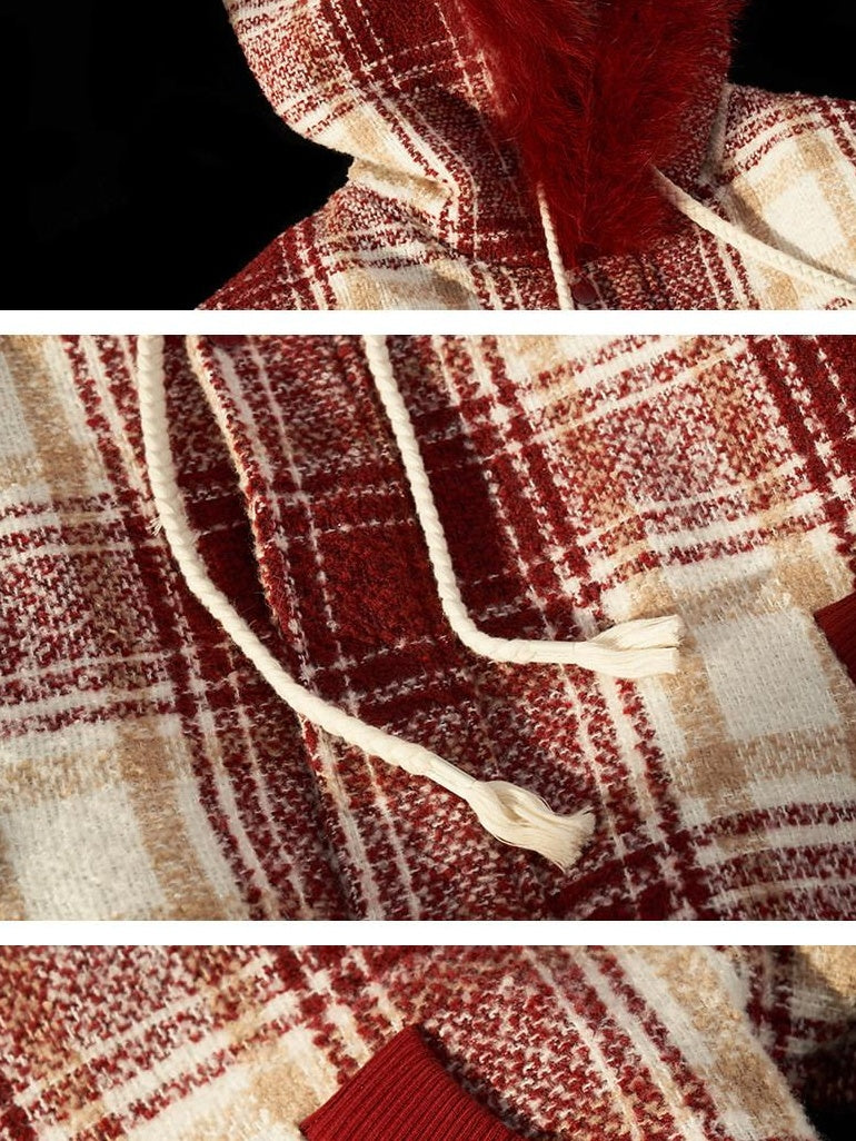 MAMC Plaid Red Polyester Panelled Short Lapel Straight Fit Office Cropped Jackets