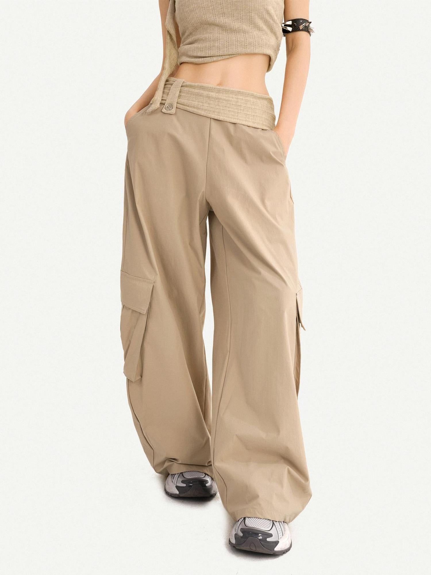 Nico Molly High Waist Khaki Loose Straight Leg Pockets Button Fly Casual Women Cargo Pants