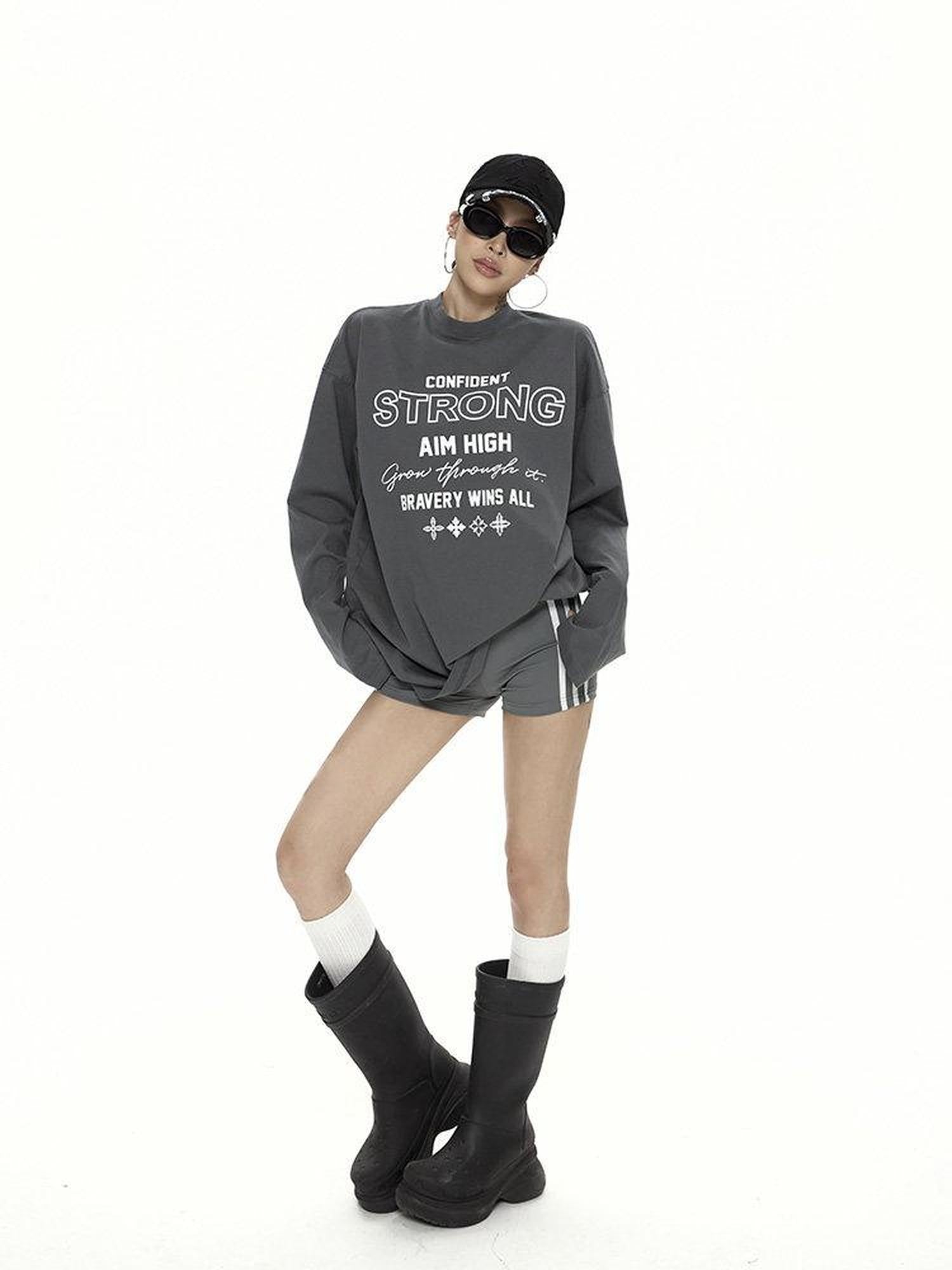 ZERO Printed Cotton Knit Crewneck Loose Fit Casual Unisex Dark Gray Pullover Sweatshirt
