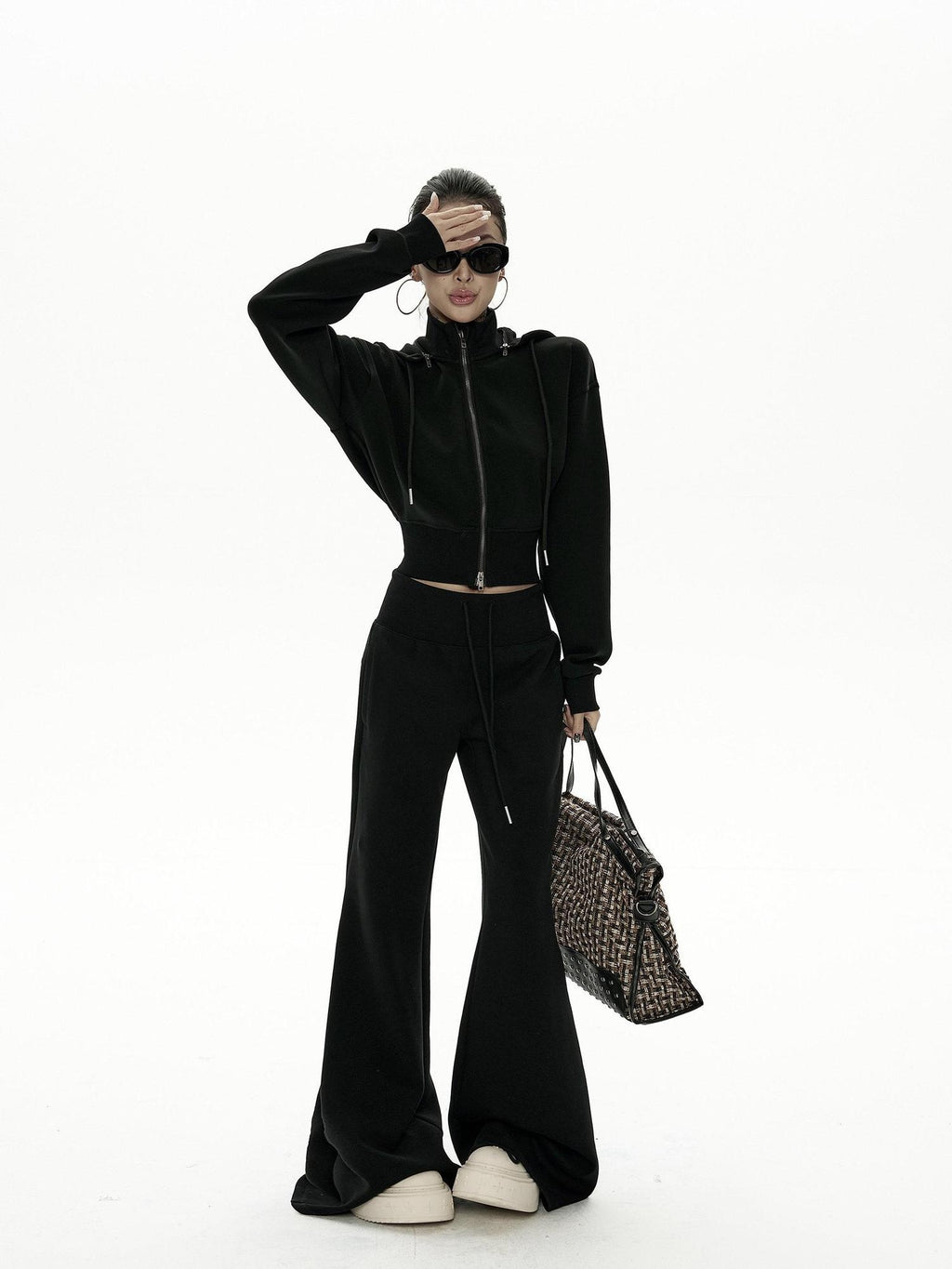 ZERO Cotton Cropped Long Sleeve Casual Slight Stretch Women Black Top & Pants Sets