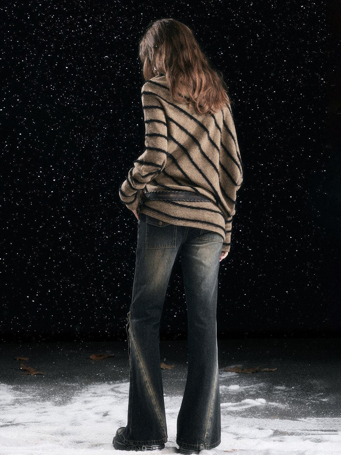 Cest Nous Cozy Thick Street Oversized Batwing Turtleneck Tie Front Women Striped Sweaters