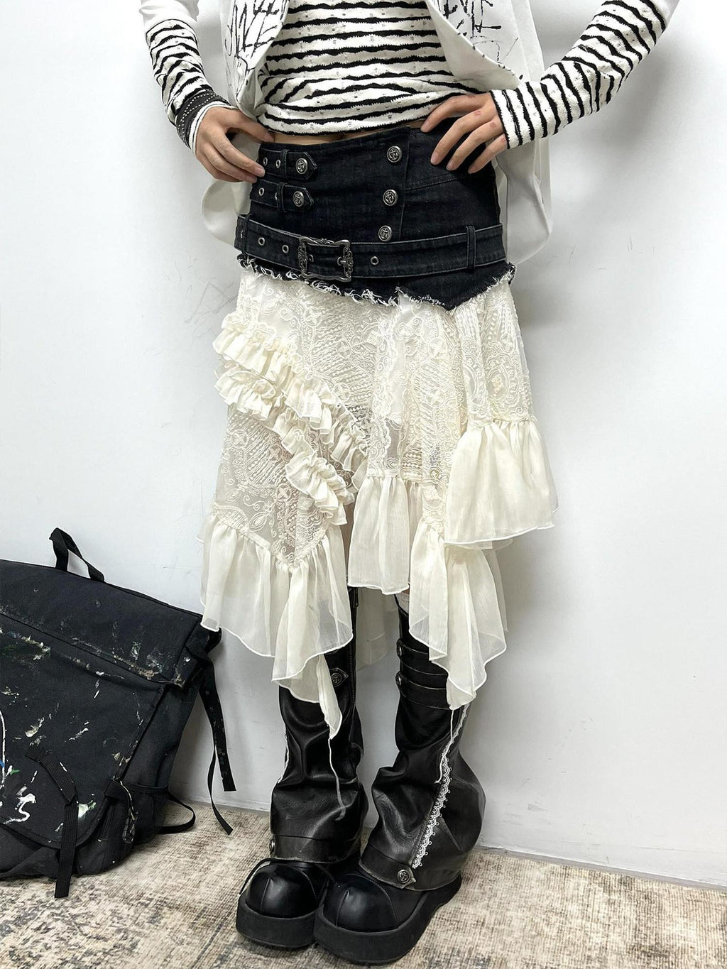 Cest Nous Asymmetric Lace Mid Waist Slim Fit Irregular Hem Women Midiskirts