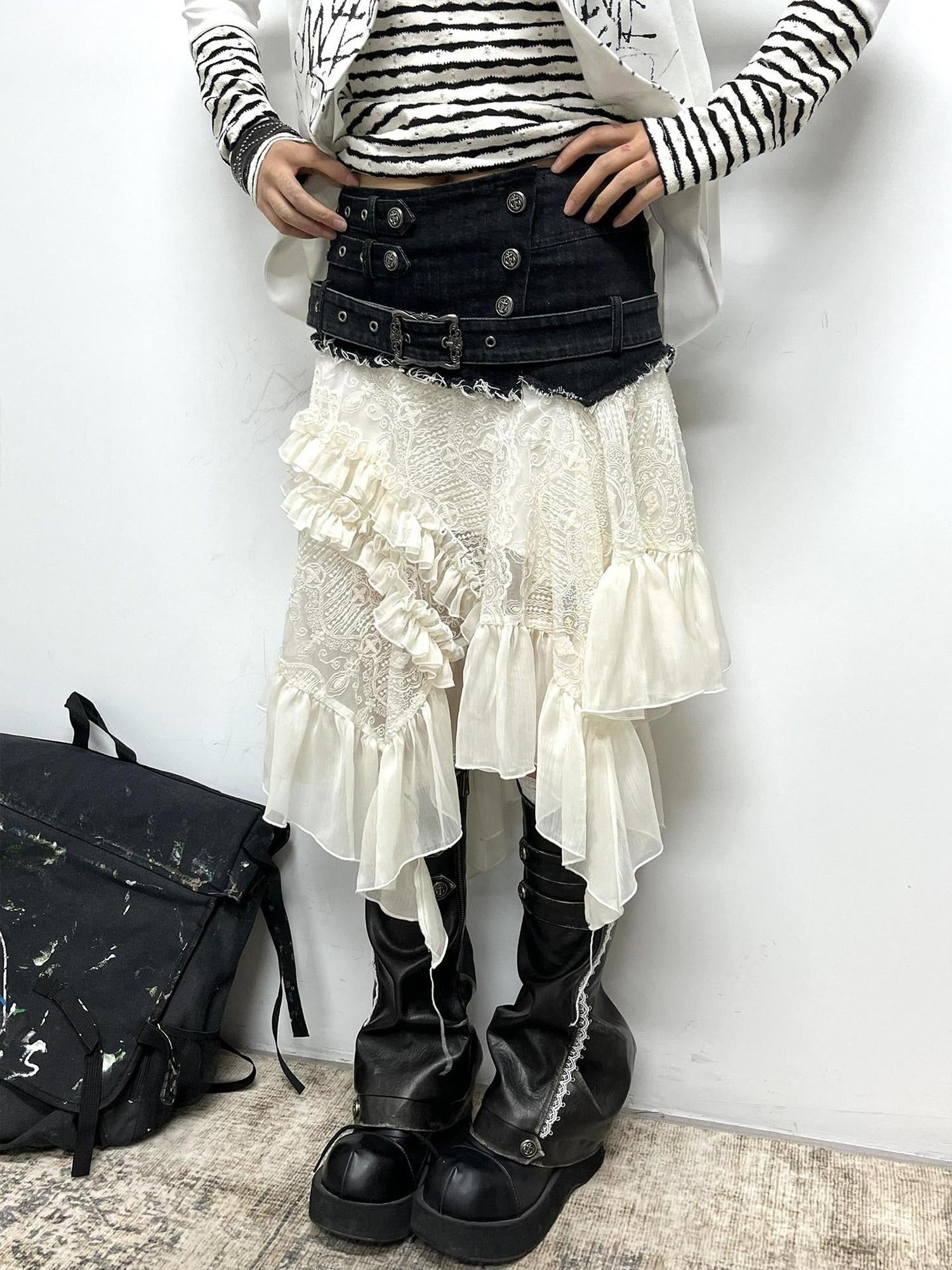 Cest Nous Asymmetric Lace Mid Waist Slim Fit Irregular Hem Women Midiskirts