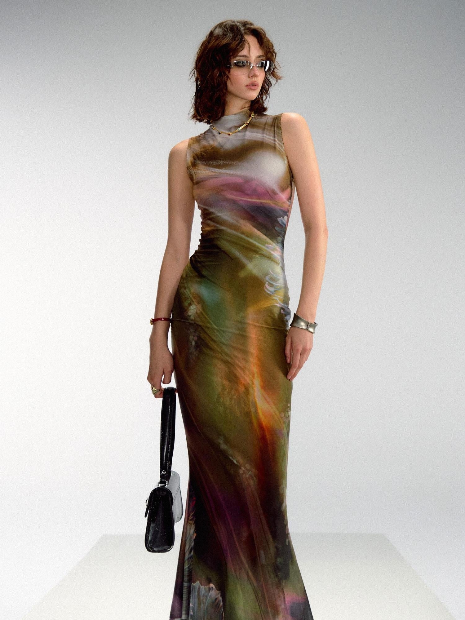 OfAkiva High Waist Mesh Poppy Print Chinese Inspired A Line Womens Maxi Dresses