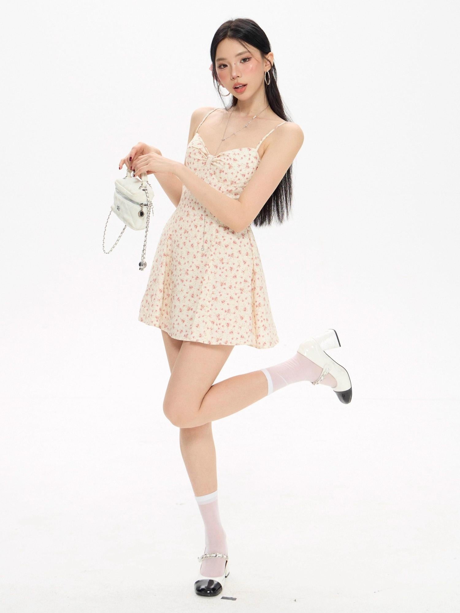 ZERO Floral Padded Bust High Waist A Line Knit Slim Fit Women Casual Mini Dresses