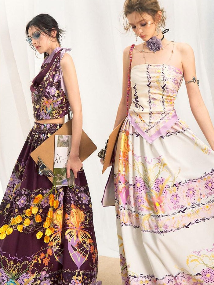 OfAkiva Floral Sleeveless Slim Two Piece With Square Scarf Women Top & Skirt Sets